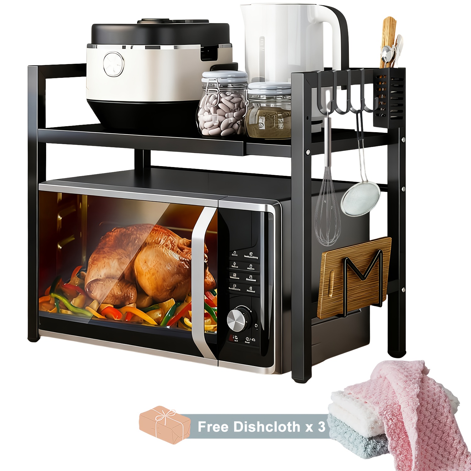 TEMU Étagère de cuisine extensible 2/3 niveaux avec 4 crochets, 3 serviettes, porte-planche à découper, porte-ustensiles, porte-pain, rangement et