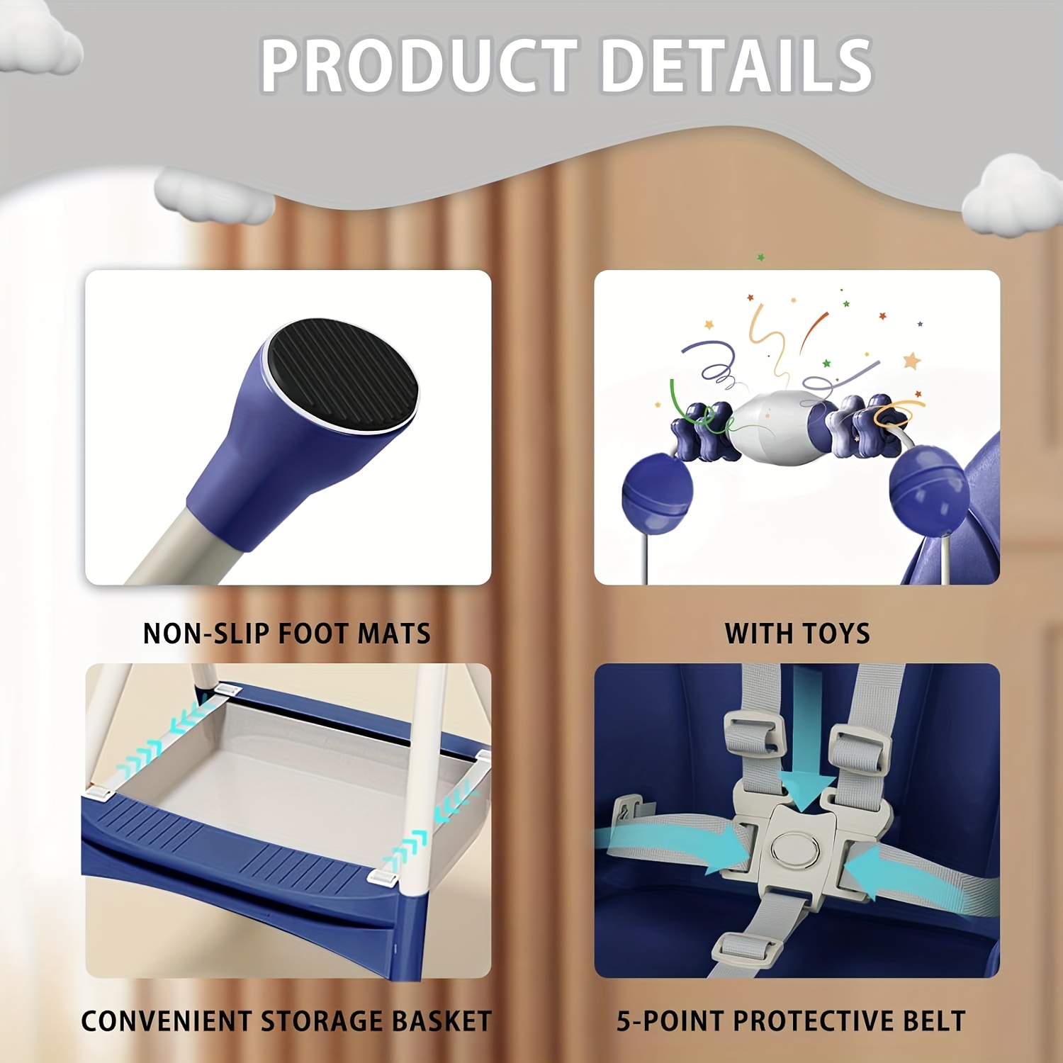 Adjustable Portable Dining Chair with 5-Point Harness, Tray & Wheels - Multi-Functional Eat, Drink & Play Seat with Ergonomic Backrest, Soft Cushioned Seat & Footrest - Modern Safety High Chair for Boys & Girls (Grey//Beige/Navy ) - Easy Assembly Required