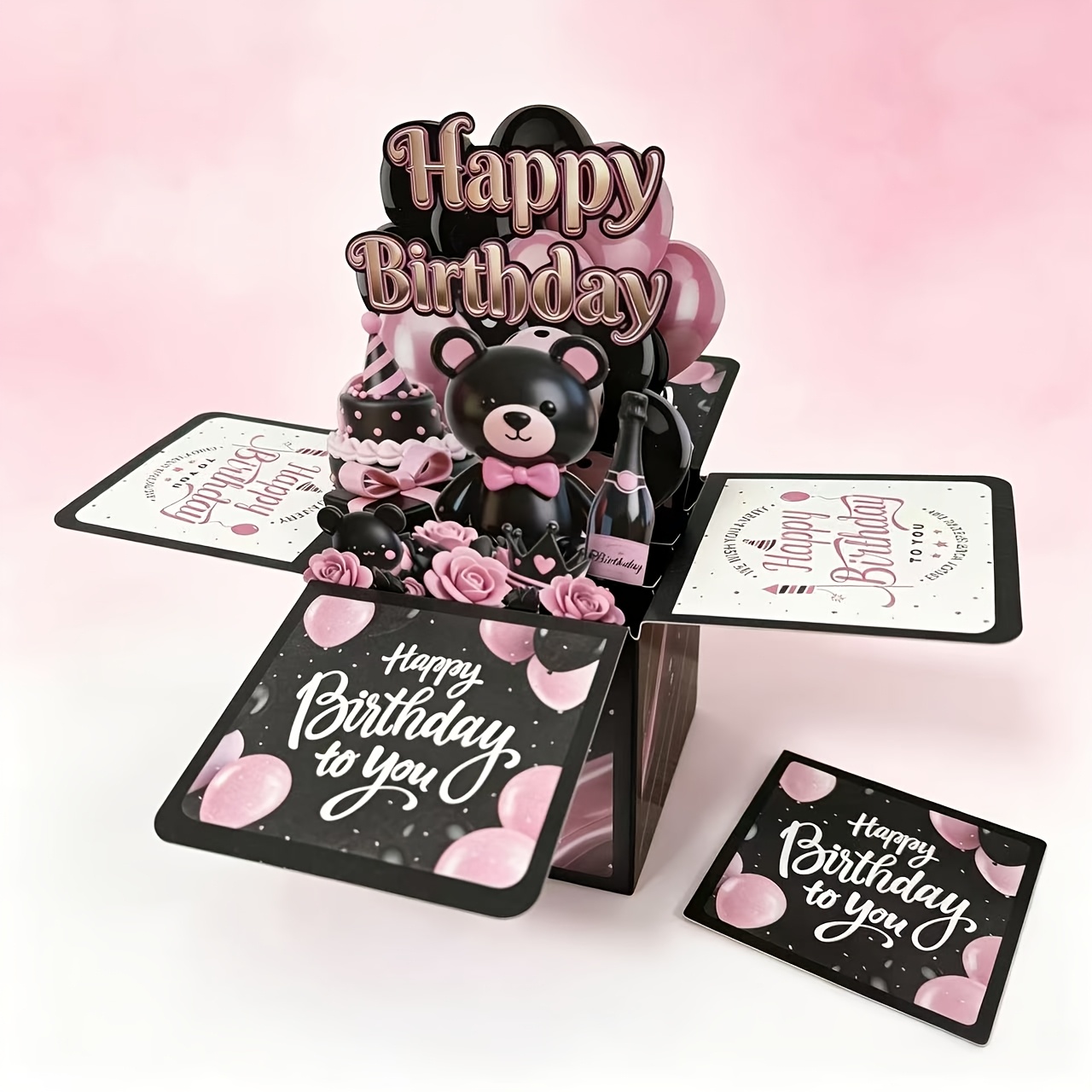 TEMU 1 Happy Birthday 3d Pop-up Box Card – Elegant Pink And Black Greeting Card For Women,