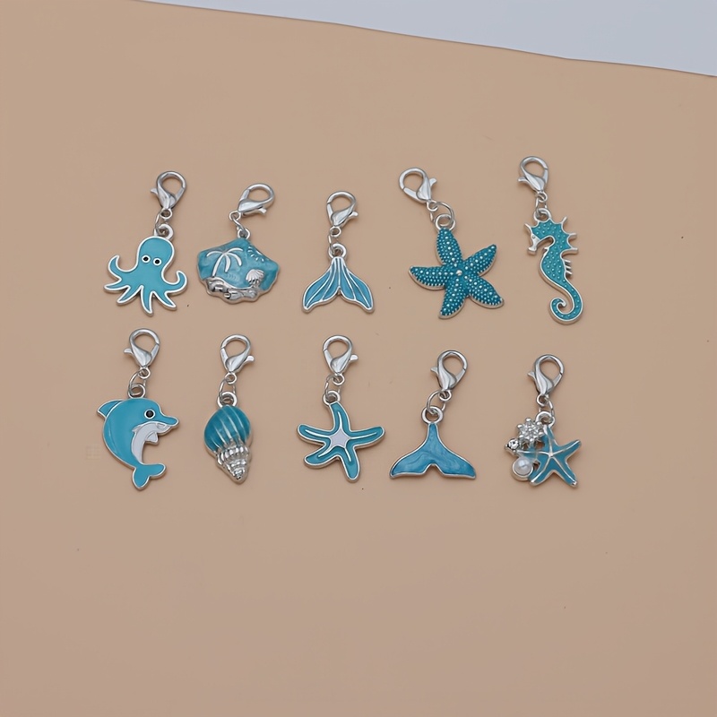 10pcs Alloy Silvery Lobster Clasp Blue Starfish Shell Seahorse Dolphin Fish Tail Octopus Conch Charms Sea Pendants For - Ideal For Chains, And Bag Decorations, Charms For Making Keychain