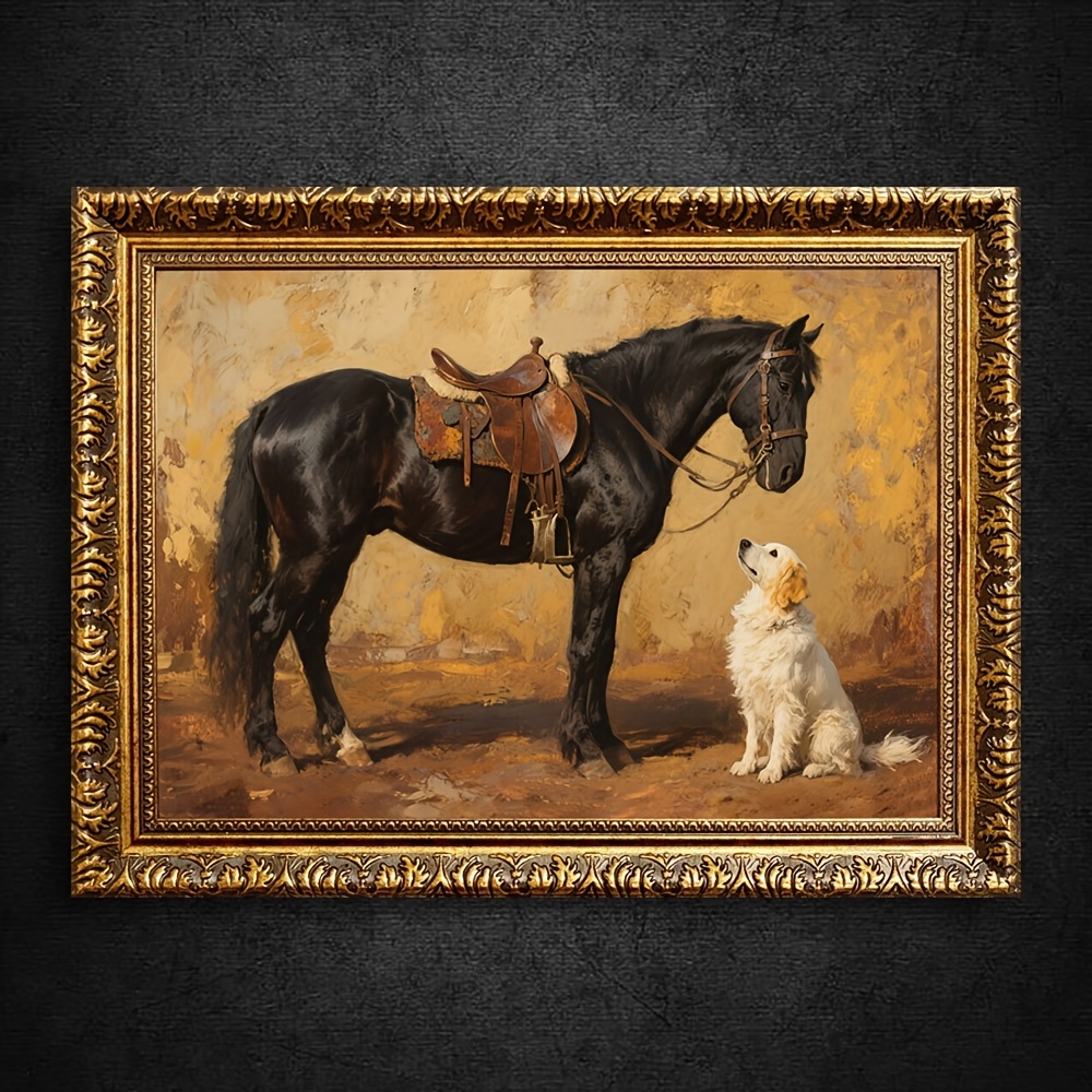 TEMU 1pc Vintage Horse And Dog Framed Canvas Art, 30x40cm - Scene With Ornate , Ideal For Living Room, Bedroom, Bathroom, Kitchen Wall Decor, Gift,