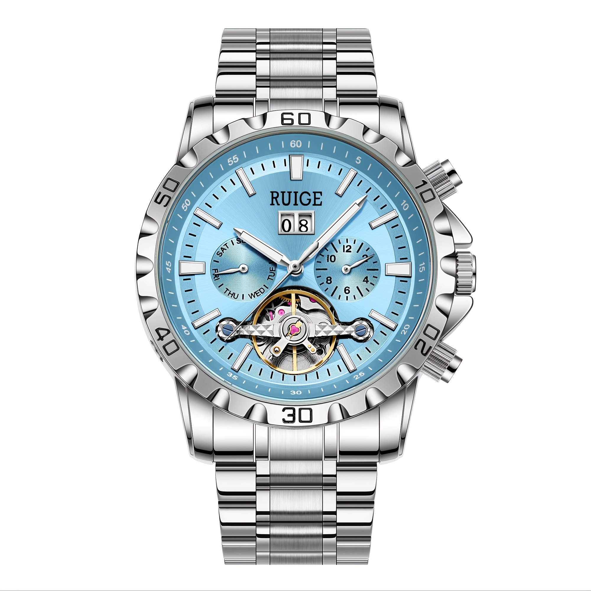 Image of Ruige Men' Mechanical Watch Stainless Steel Luxury Sports Multifunctional Chronograph Hollow Mechanical Men's Watch Wristwatch, Without Battery