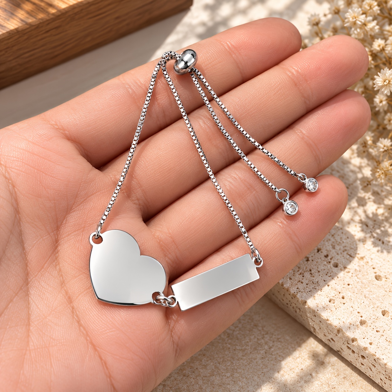TEMU Bracelet Photo Personnalisé - Bracelet à Breloques pour Femme avec Longue Étiquette de Cœur en Acier Inoxydable Réglable - Personnalisé avec