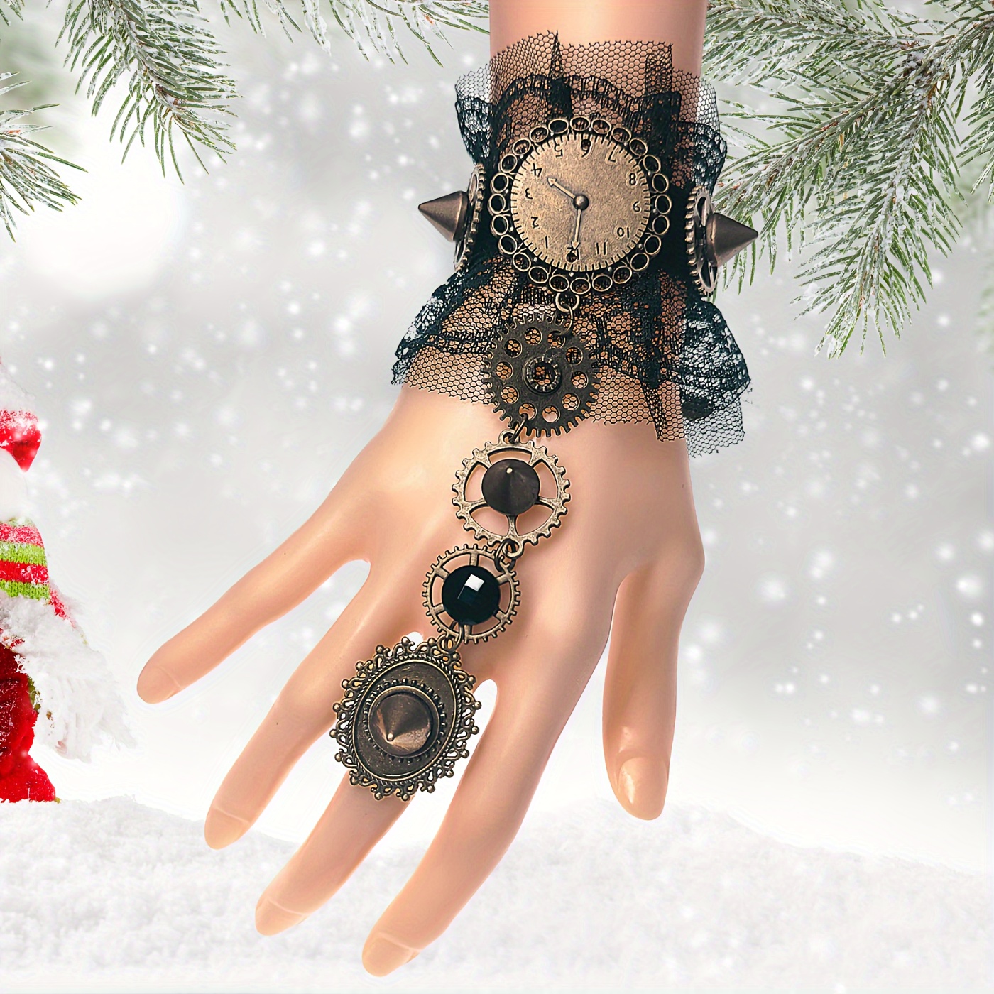 

Vintage-inspired Lace Finger Bracelet With Gear & Clock Charms - Halloween Costume Accessory