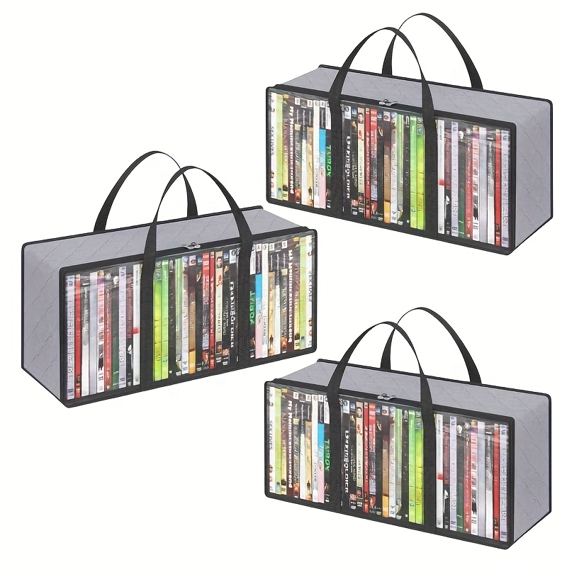 TEMU 3-pack Cd Storage Bags, Clear Pvc Plastic Dvd Storage Box With Handle And Zipper, Media Storage For Blu-ray Discs, Movie Boxes, Vhs Boxes, Video