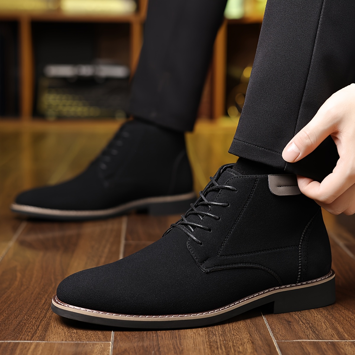Men's Black Business Casual Shoes - Retro Mid-Top Lace-Up Pointed Toe with -Like Upper & Rubber Sole, All-Season Versatile for Office, Parties, Daily Wear, Office Boots | Sleek Laceup Boots | Durable Rubber Sole, Dressy Shoes