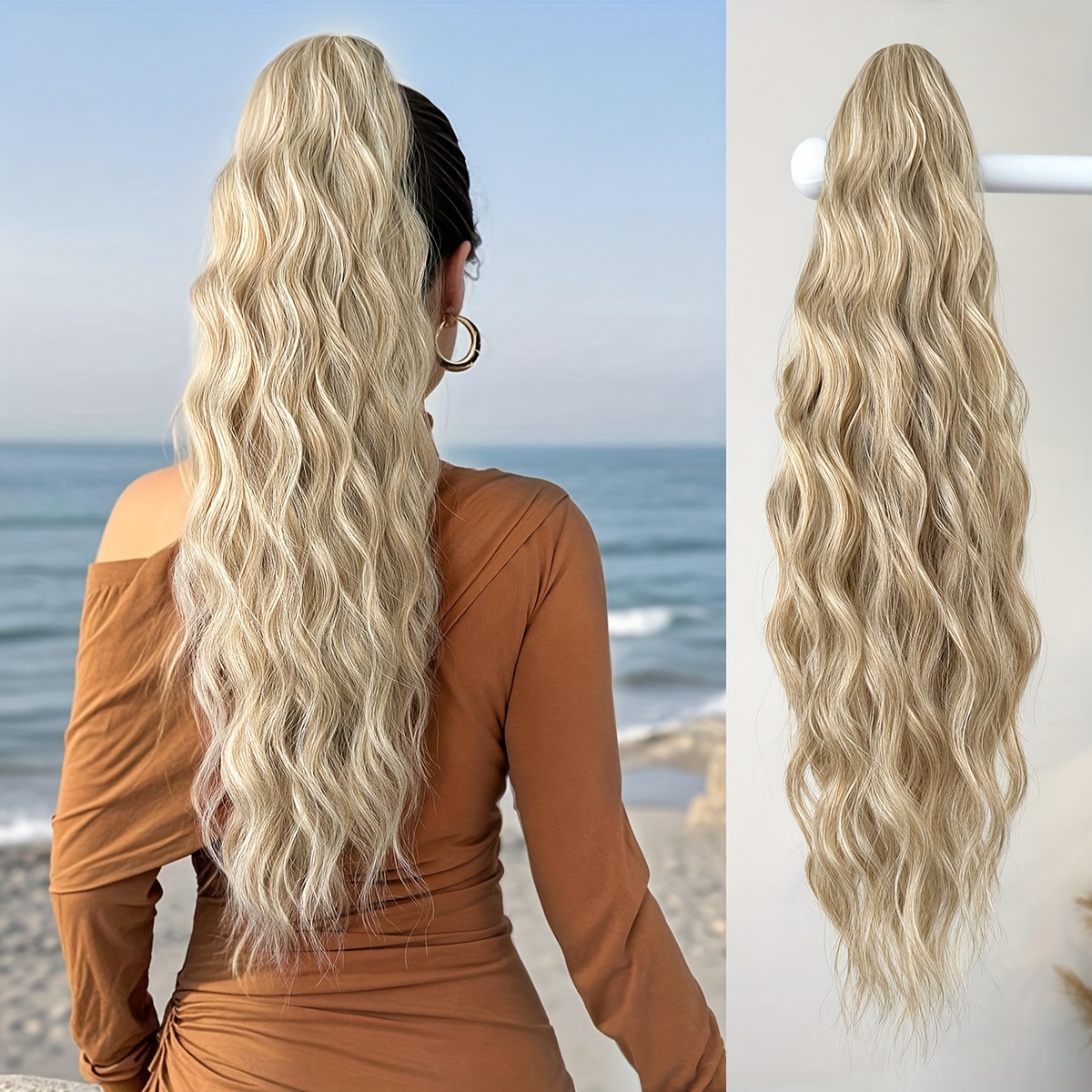 Long Water Ponytail Extension Hair Ombre 24 Inch Heat Resistant Fiber Synthetic Ponytail Hairpiece For Women Used