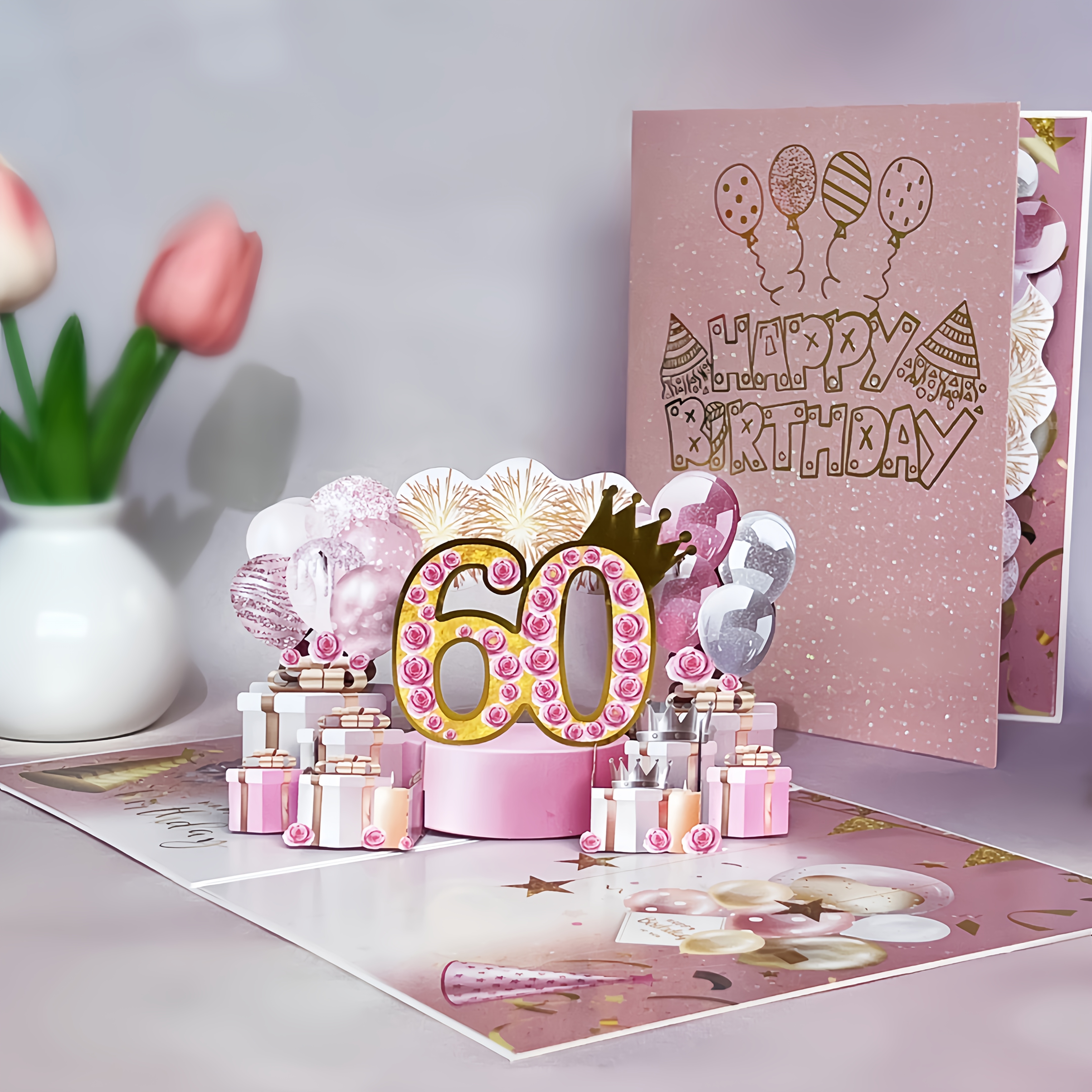 E-shop Pop-Up 3D Grußkarte mit Umschlag, Frohes 60. Geburtstag Karte, Geeignet für Frauen im Alter von 60 Jahren. Frohes 60. Geburtstag Segenskarte
