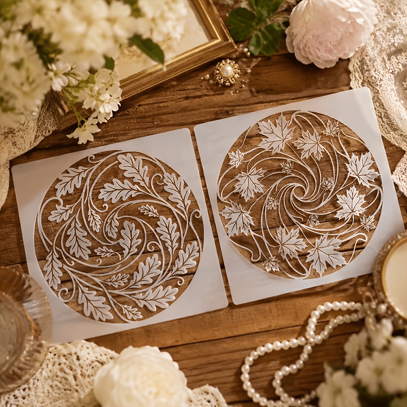 TEMU Maple Stencil, 2pcs Round Autumn Leaves Template Spiral Mandala Pattern Painting Stencils Reusable Craft Supplies For Scrapbooking Card Making