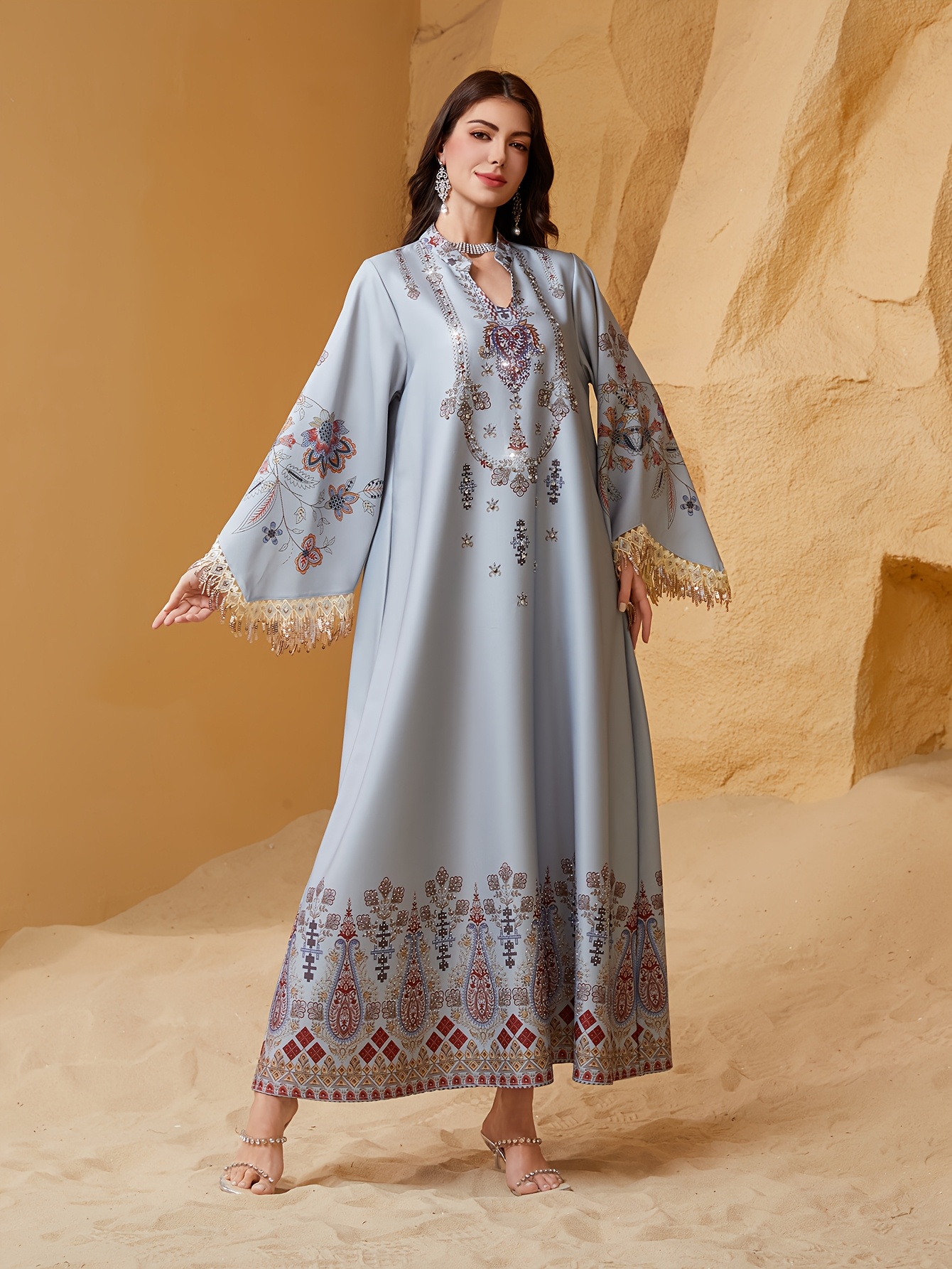 slim fit dress slacks Premium Eid Abaya | Shiny Open Abaya with Balloon Sleeves main image 1