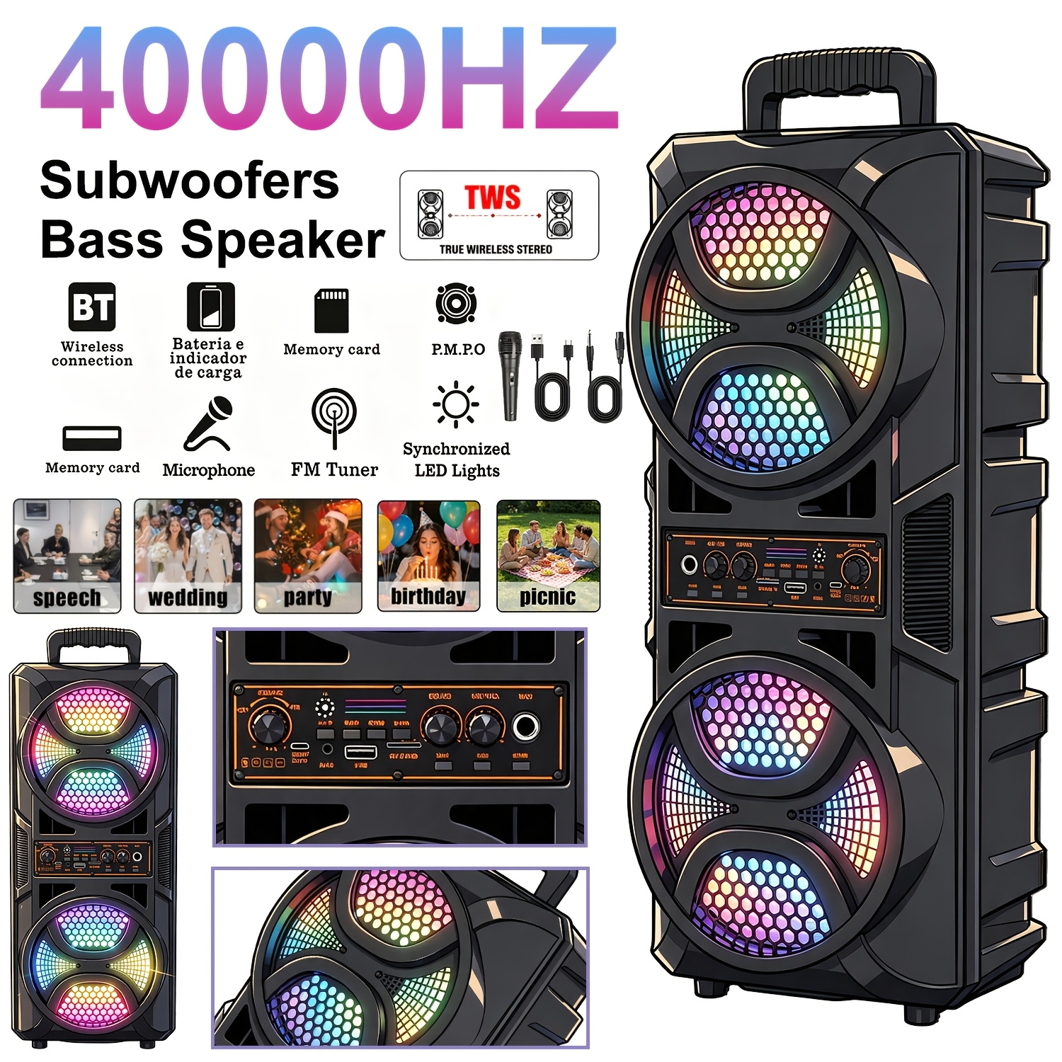 TEMU 40000hz Wireless Dual Speaker System Portable Subwoofer With Rgb Ambient Lighting, , Perfect For Home Parties/birthday Celebrations/outdoor
