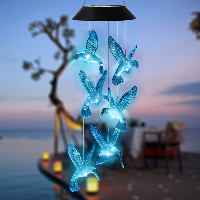 

1pc Solar-powered Blue Hummingbird Wind Chime Light, Color-changing Led Hanging Decorative Lamp, Festive Atmosphere Lighting For Villa Garden Courtyard