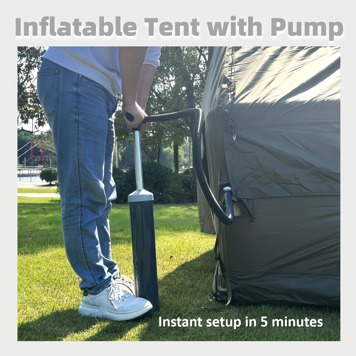 green 6 person outdoor camping inflatable tent house like design with inverted   waterproof oxford cloth pvc   zipper closure solid color rectangle     for picnic bbq family travel holiday   details 7