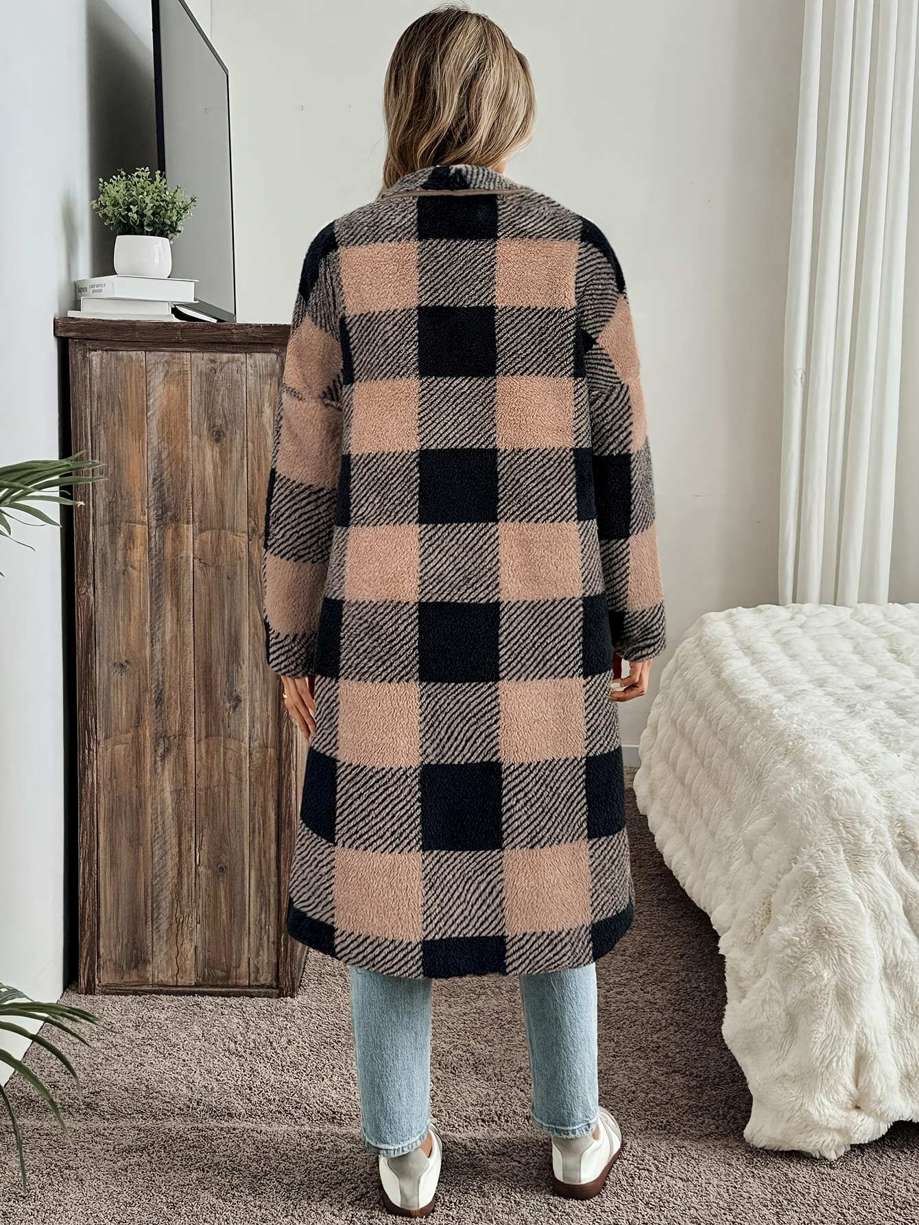 womens elegant plush tartan tartan checkered coat extra long