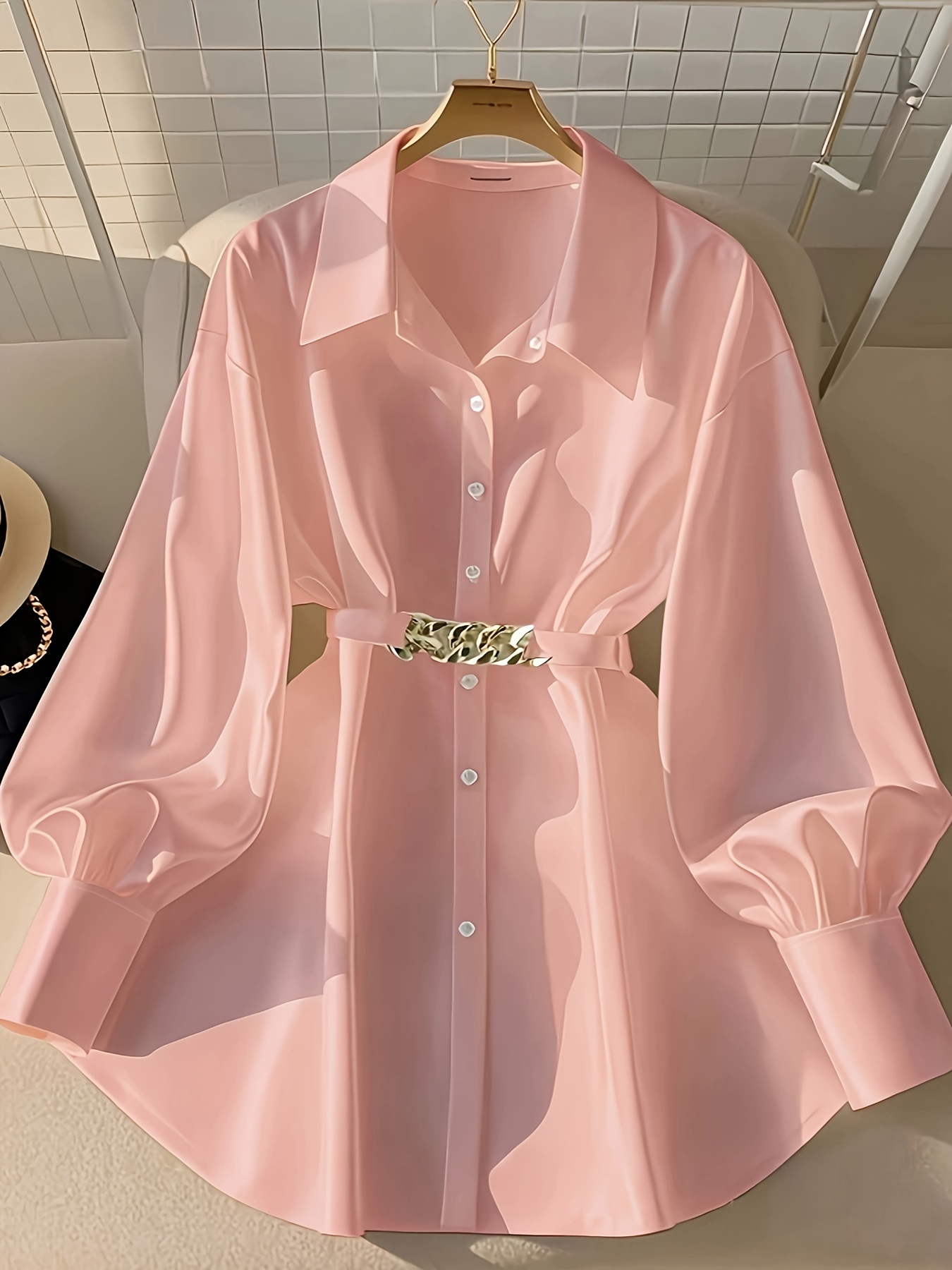 camisa elegante mujer cinturón cadena dorada Temu Colombia