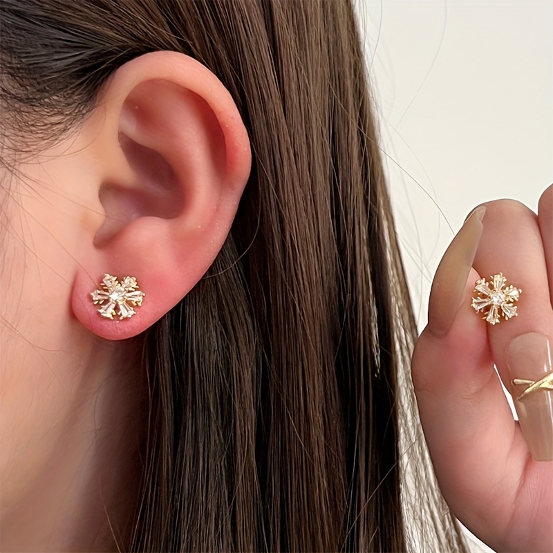 Snowflake Shaped Rhinestone Earrings, 925 Sterling Silver