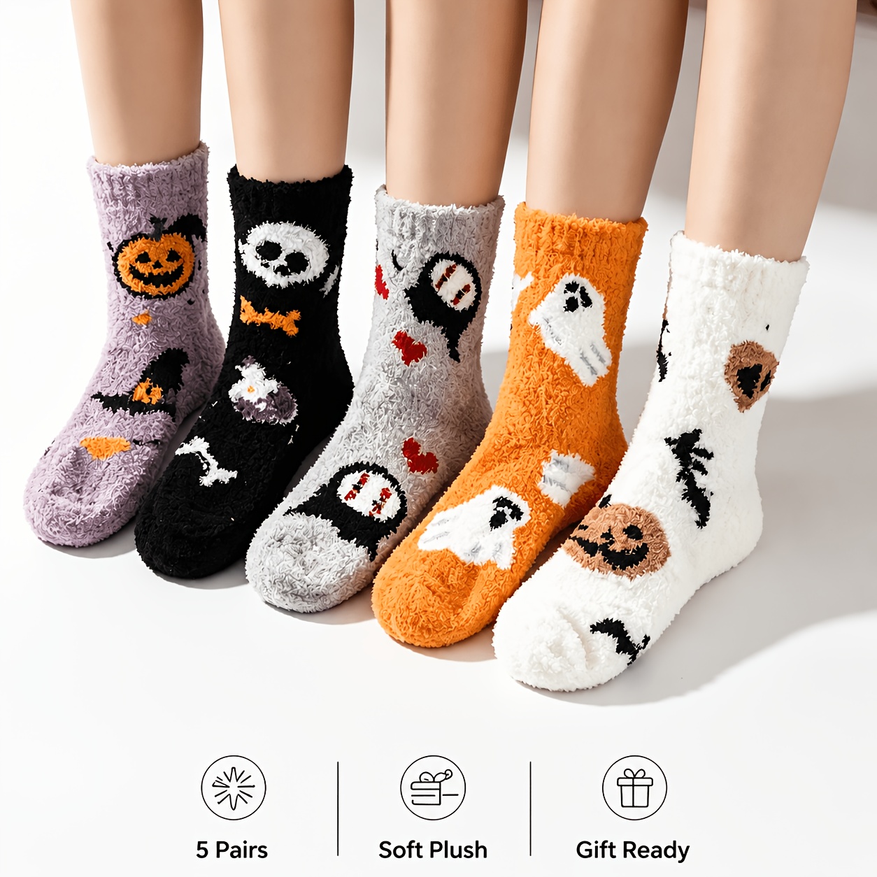 5 Pairs Halloween Fuzzy Socks Unisex Soft Plush Cozy Warm Crew Socks Cute Pumpkin Pattern Fall Gift