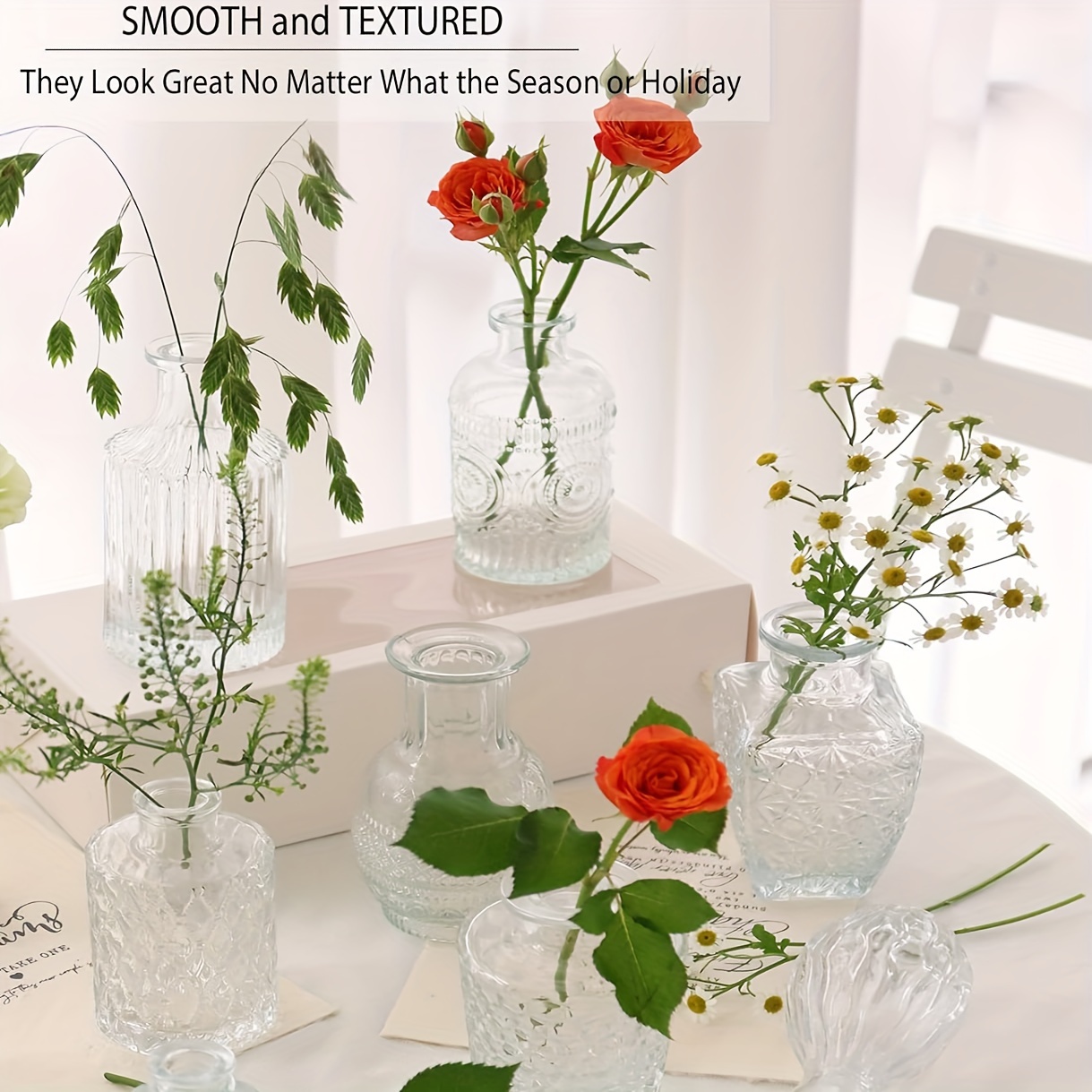 Set van 12 transparante mini-vazen in bulk, vintage glazen flessen voor thuisdecoratie, bruiloft, tafeldecoratie, bloemstukken