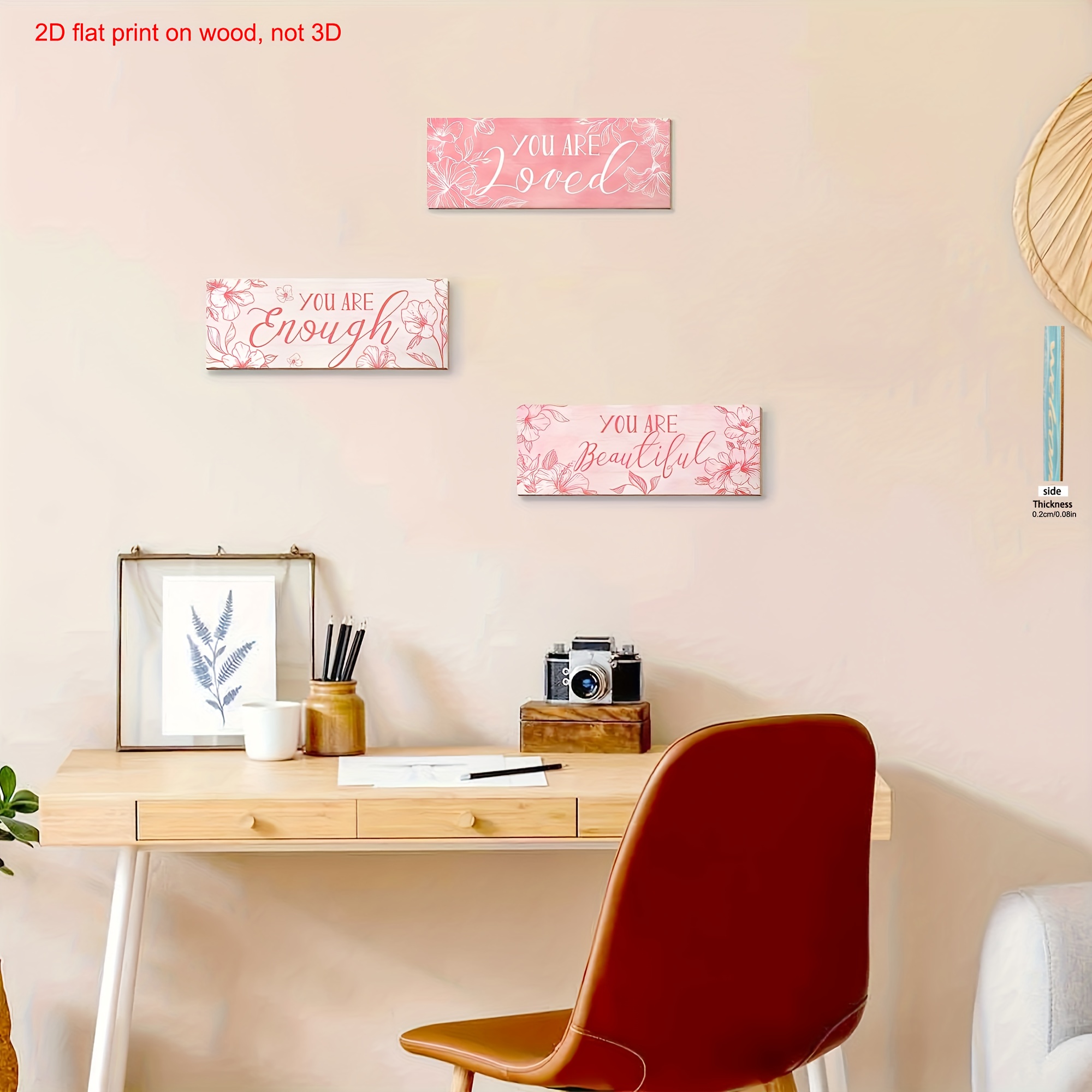 E-shop 2D Flat - 2D Ebene, 3 Stück "Du bist ", "Du bist genug", "Zeichen dafür, dass du geliebt wirst", Rosa Raumdeko, Rosa Wanddeko, Positive Zitate,
