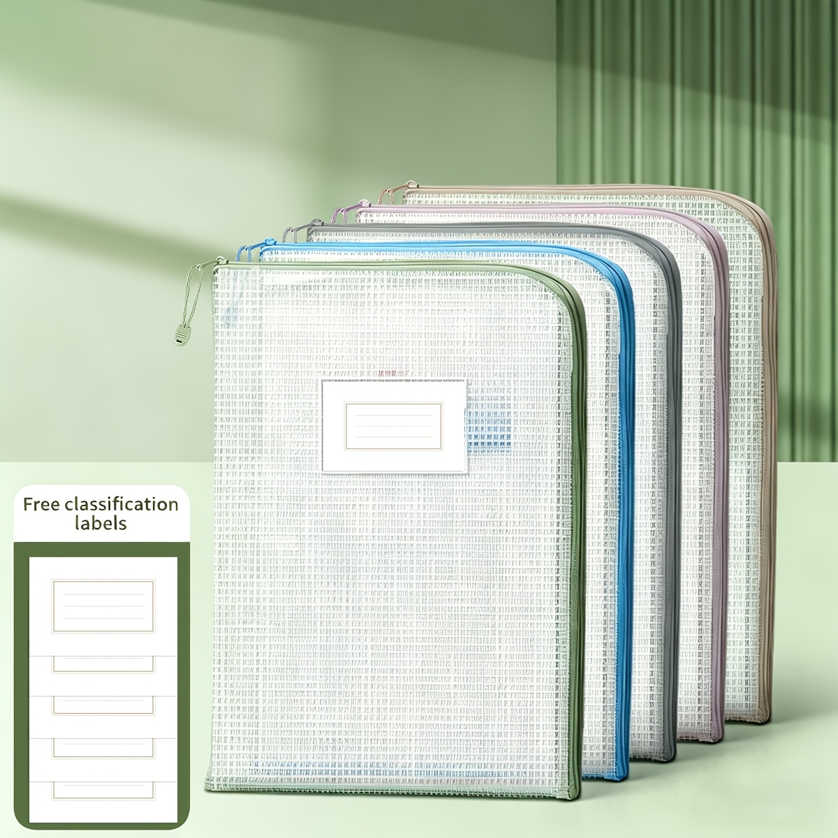 5pcs A4 Size L-shaped Zipper File Folders With Labels, Extra Thick Mesh File Organizers, Large Capacity Storage Bags For Students/office/homework, Labels Are Random