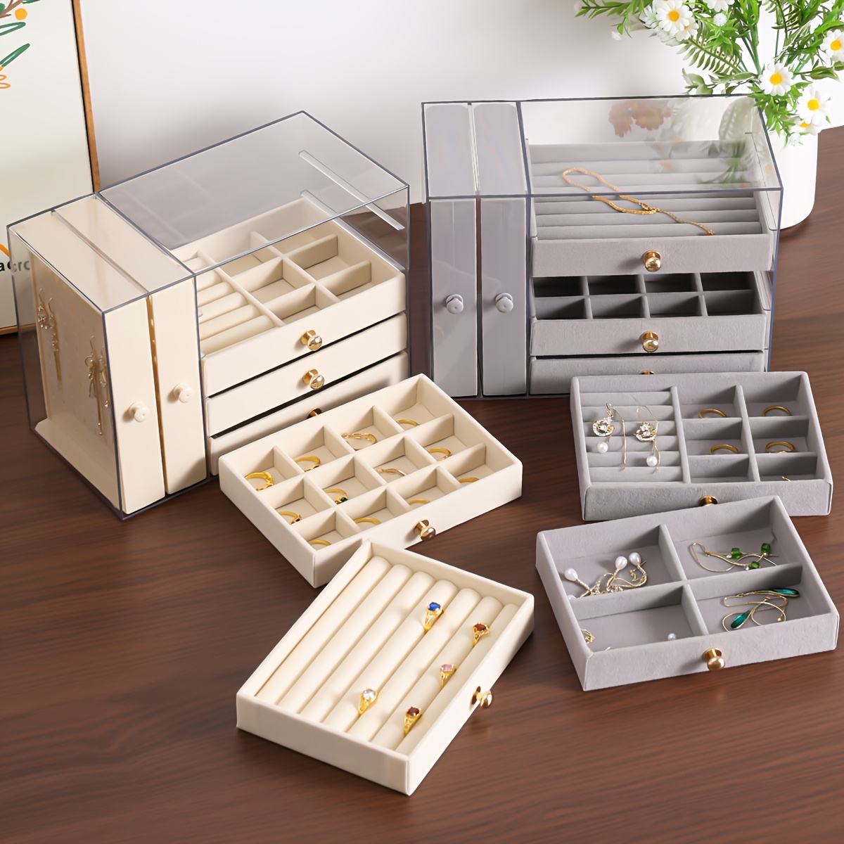 large capacity jewelry organizer box with multiple compartments for earrings rings necklaces bracelets durable plastic desktop storage box with golden handles polished   fabric lined interior ideal for valentines day christmas gifts jewelry gift box jewelry boxes Product details 3