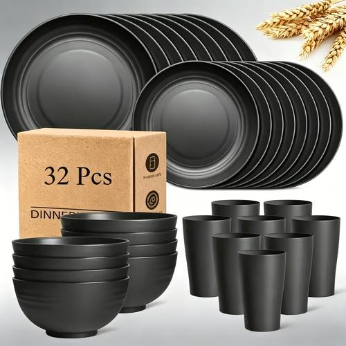32 16pcs camping wheat straw large size dinnerware set service for 8 lightweight outdoor camping plates durable dish set plate dessert plate bowl cup dishwasher and microwave safe hiking rv picnic