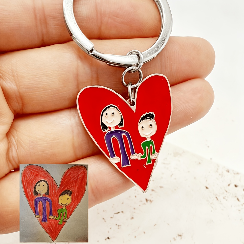 TEMU Custom Colorful Cute Painted Picture Keychain, Personalized Cartoon Artwork Key Holder, Sketch Doodle Painting Pendant Key Ring, Stainless Steel