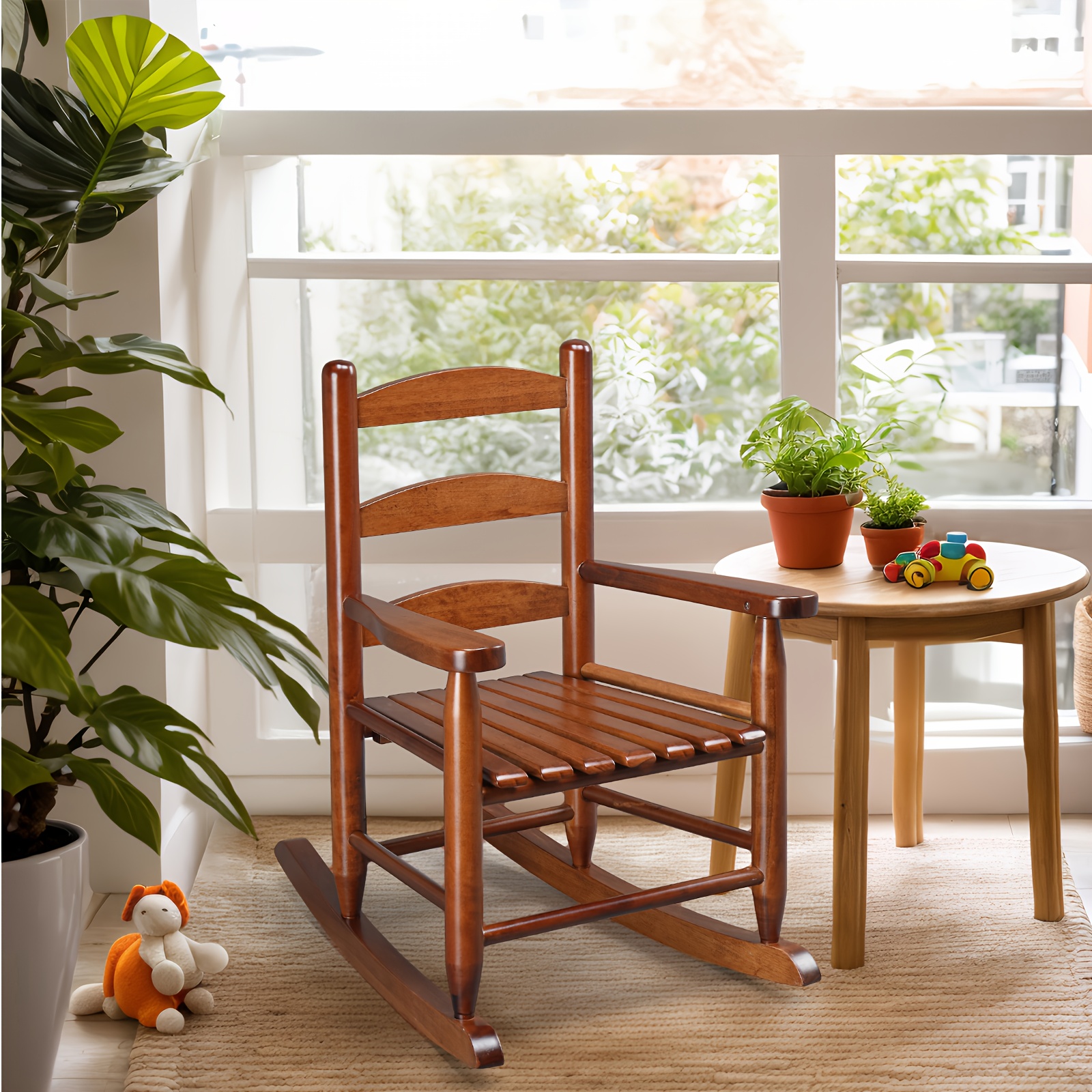 Kids Rocking Chair for 3-6 Ages, Small-Size, 14.8 X 18.5 X 22.6In, Solid Wood Material, All-Weather Wooden Porch Rocker with High Backrest, Ideal for Outdoor&Inddor, Birthday/Festival Gift for Children, Teak