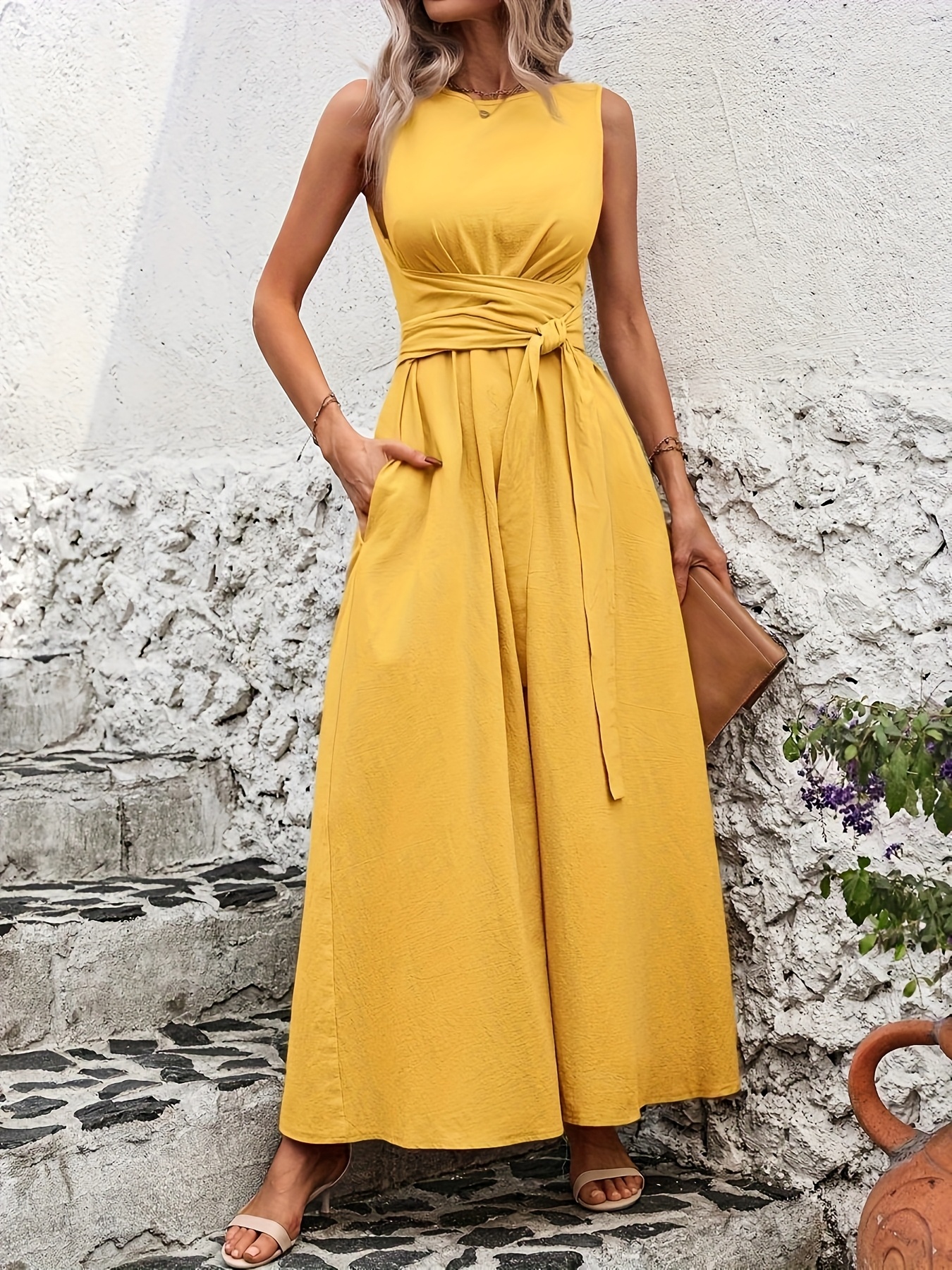 womens sleeveless yellow wrap dress elegant shoulder fitted Temu