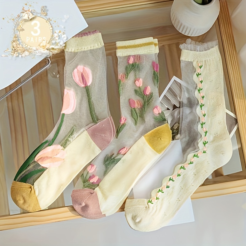 

3 Pairs Tulip Mesh Socks, Sweet & Breathable Mid Tube Socks, Women's Stockings & Hosiery