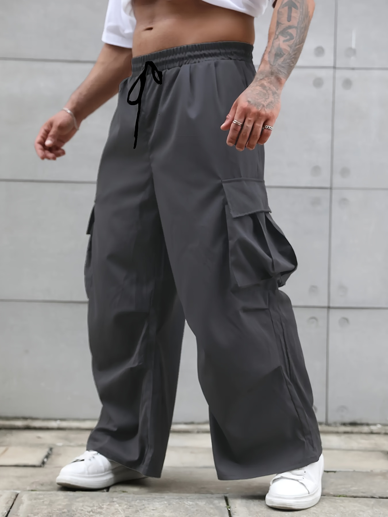 Plus Size *'s Cargo Pants Loose Fit Straight Leg with Multiple Pockets  Tan Non-Stretch Fabric, Adjustable Drawstring Waist Ankles for All