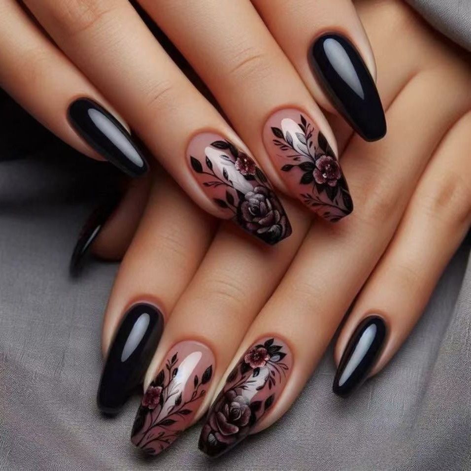 TEMU Women's False Nail Set In Black And Nude Colors, Ballet-shaped, Medium To Long Length, With Black Rose Plant Flowers, Super Beautiful.