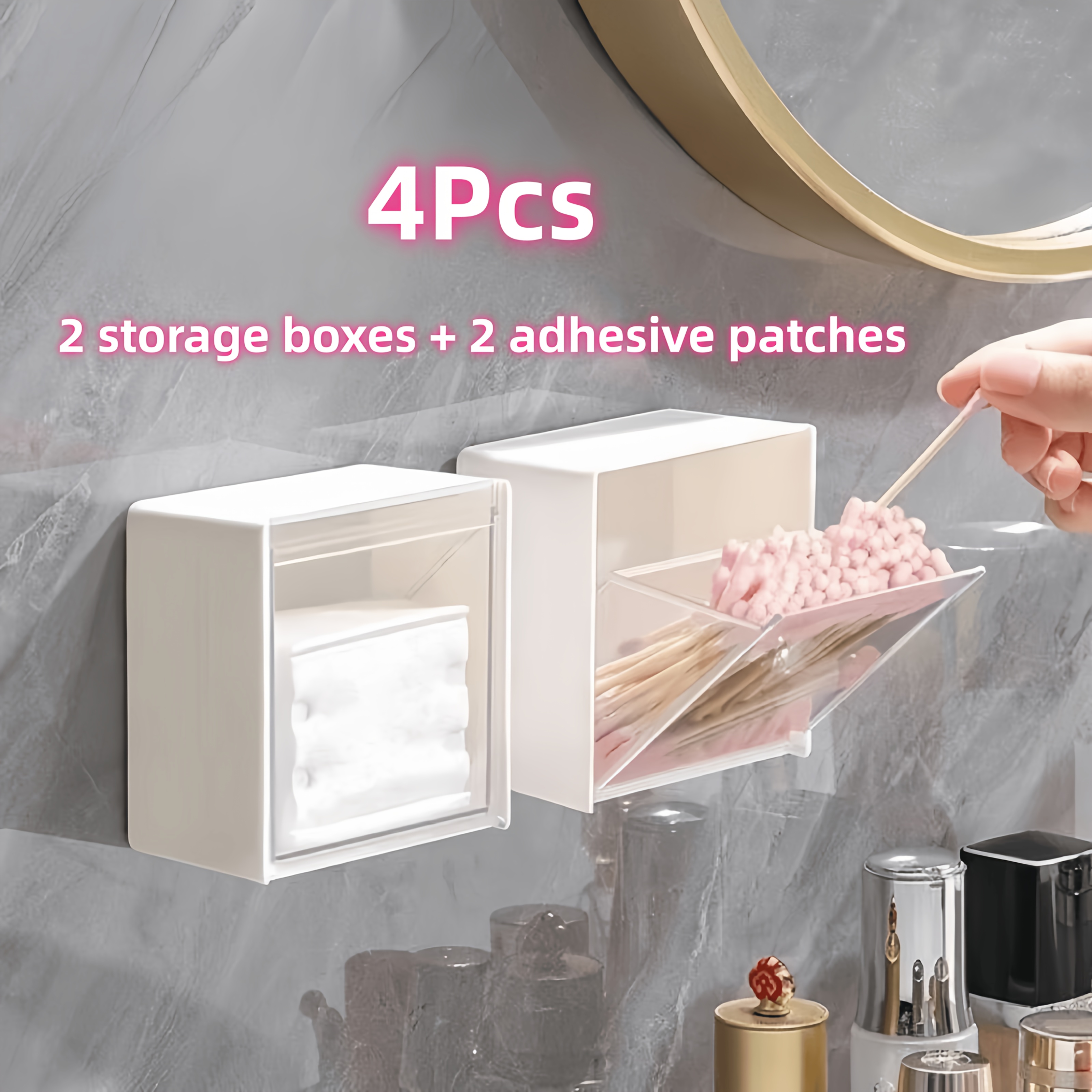 TEMU 4pcs 2pcs Storage Boxes And 2pcs Adhesive Patches) Large Capacity Punch-free Wall-mounted Storage Boxes, Plastic Bathroom Shelves, Wall-mounted