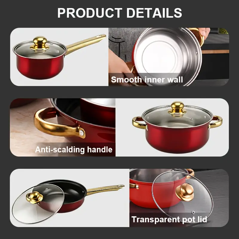 red 12pcs stainless set non stick pan set heat resistant frying saucepan versatile stylish durable suitable for induction stoves details 9
