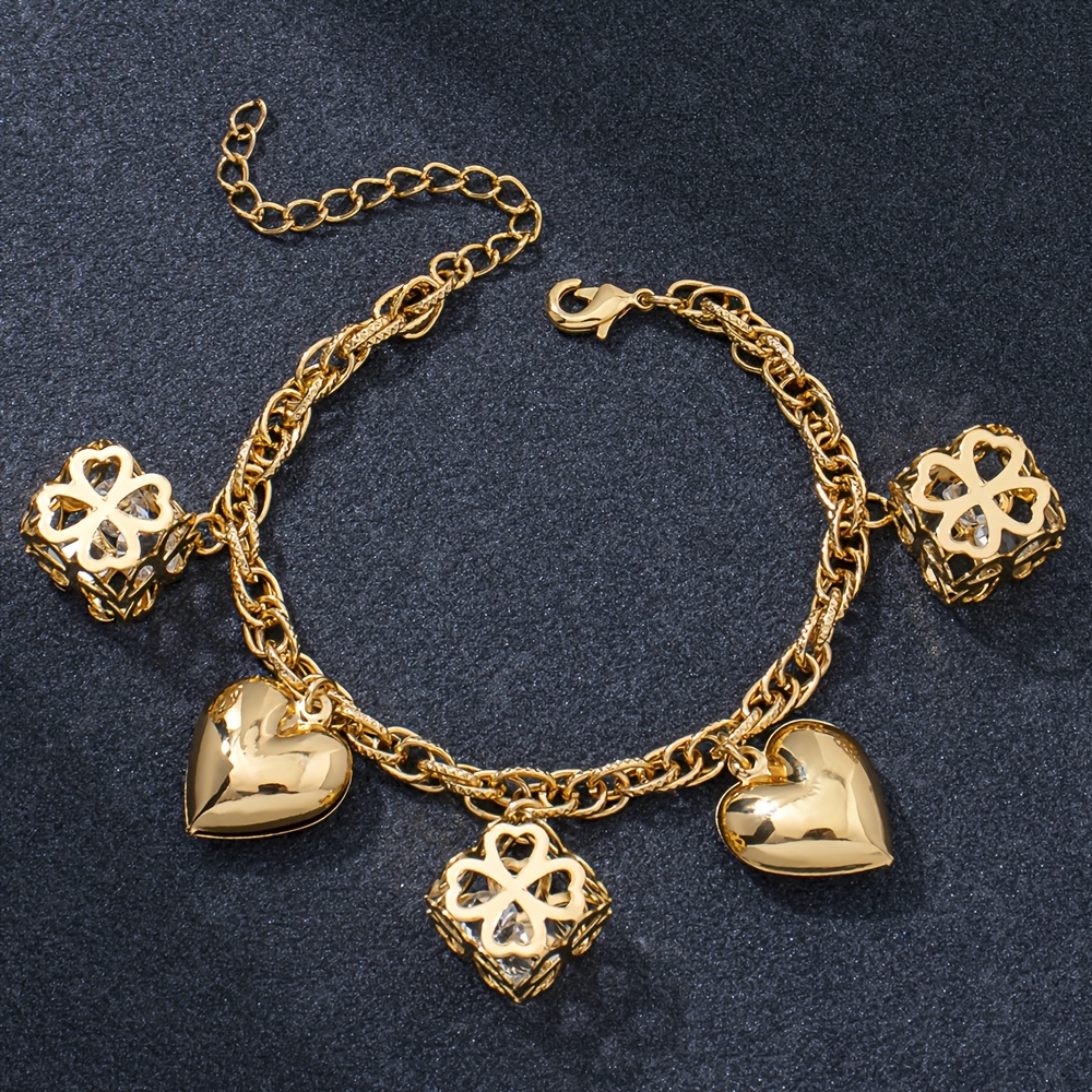 TEMU Stainless Steel Thick Chain Bracelet, Suitable For Men And Women. Bohemian Style Clover Heart Pendant Gold-plated Bracelet.
