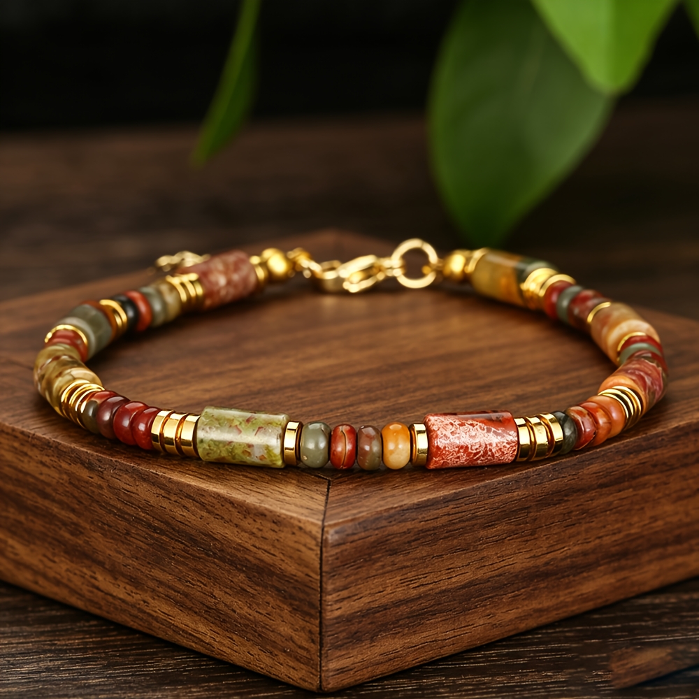 TEMU Bracelet Bohème en Naturelle, Motif Perles Rondes de Pin Rouge Picasso et Perles Abaque, Bracelet Tendance pour Femme avec Entre-Perles Dorés.
