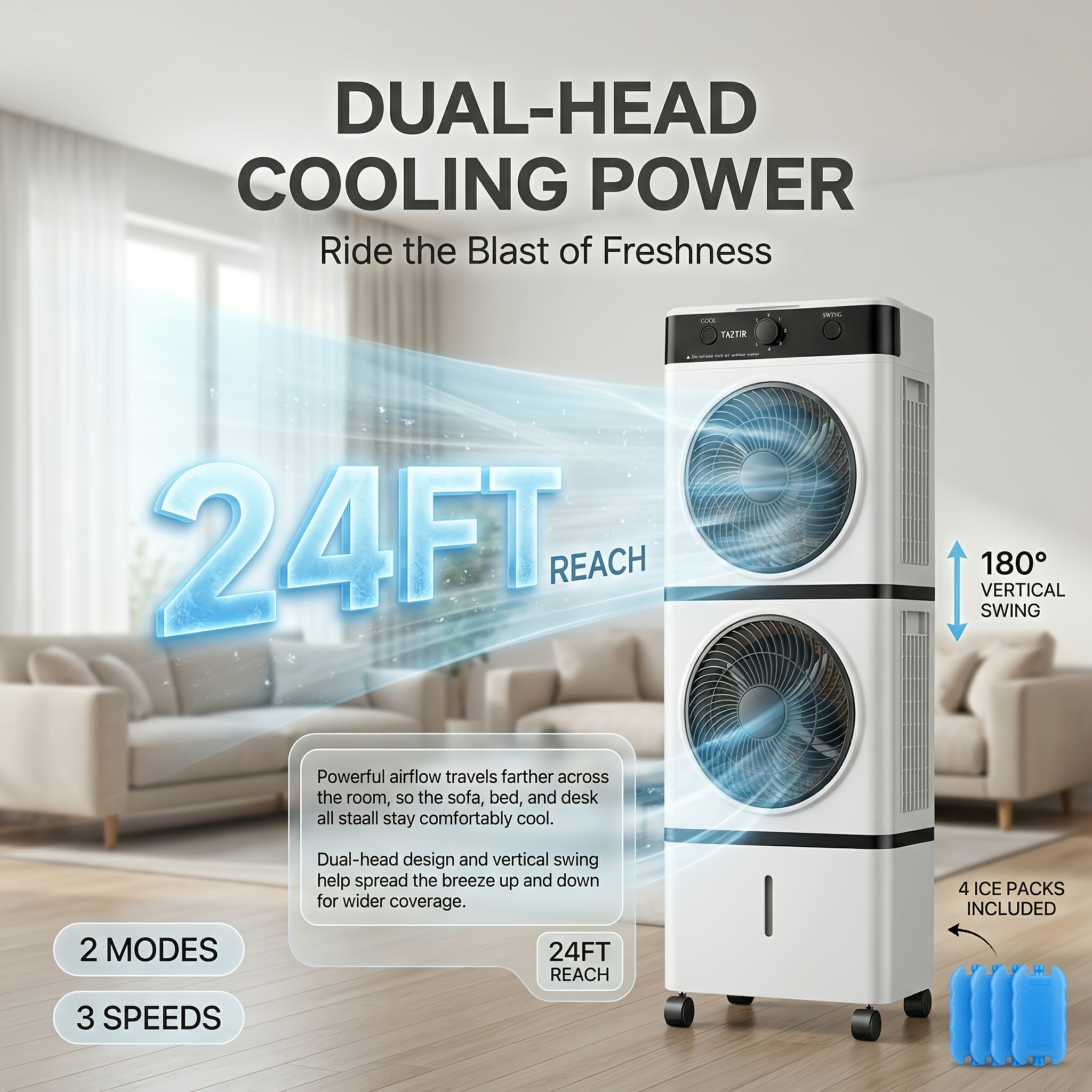 Portable Dual-Head Air Cooler Fan, 24Ft Reach, 2 Modes, 3 Speeds,... product image 8