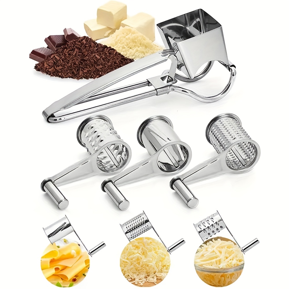 Stainless Steel Rotary Cheese Grater Set with 1/4 Drum Manual Operation & Ergonomic Handle - Heavy-Duty Adjustable Coarse/Fine Slicer   with Sharp Blades for Cheese, Vegetables, Fruits, Nuts -   Gadget for Home & Commercial Use