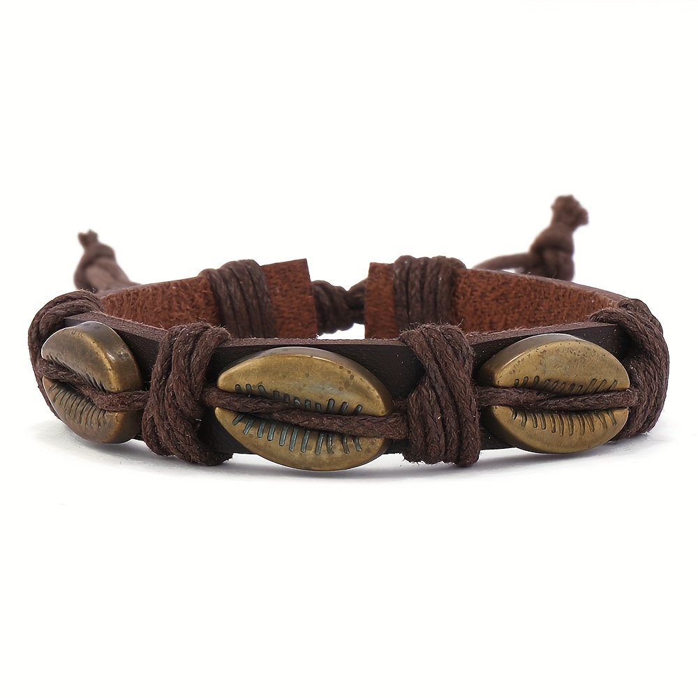 Vintage Beaded Shell Charm Leather Bracelet Set