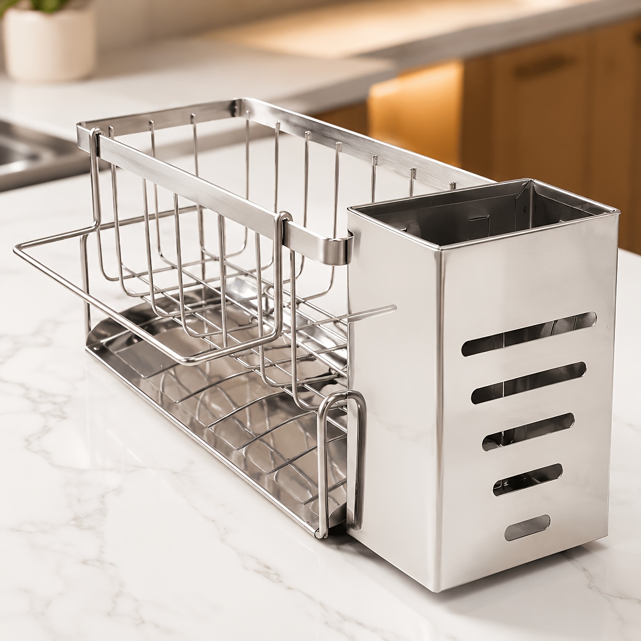 TEMU 1pc Stainless Steel Kitchen Sink Organizer With Drainage Function - Multi-compartment Storage Space, Suitable For Sponges, Dishcloths, Soap