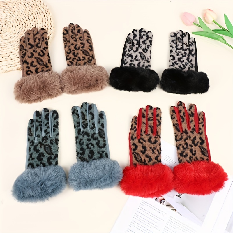 

1 Pair Women's Leopard Print Plush Fingerless Gloves, Polyester Woven, Non-stretch, Warm Touchscreen Compatible, Fur Trim, Hand Wash Only - Evening Dates