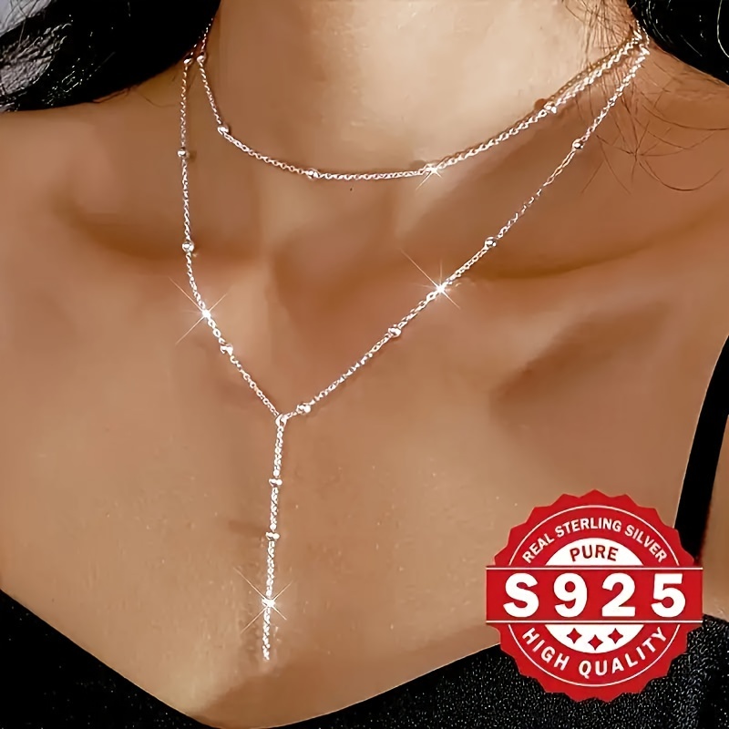 

925 Sterling Silver Bead Y-shaped Chain Necklace, Simple And Stylish, Elegant And , Multi-functional Layered Chain Accessories, Low Allergy, Bohemian Style, Unique Holiday Ladies' Jewelry Gift