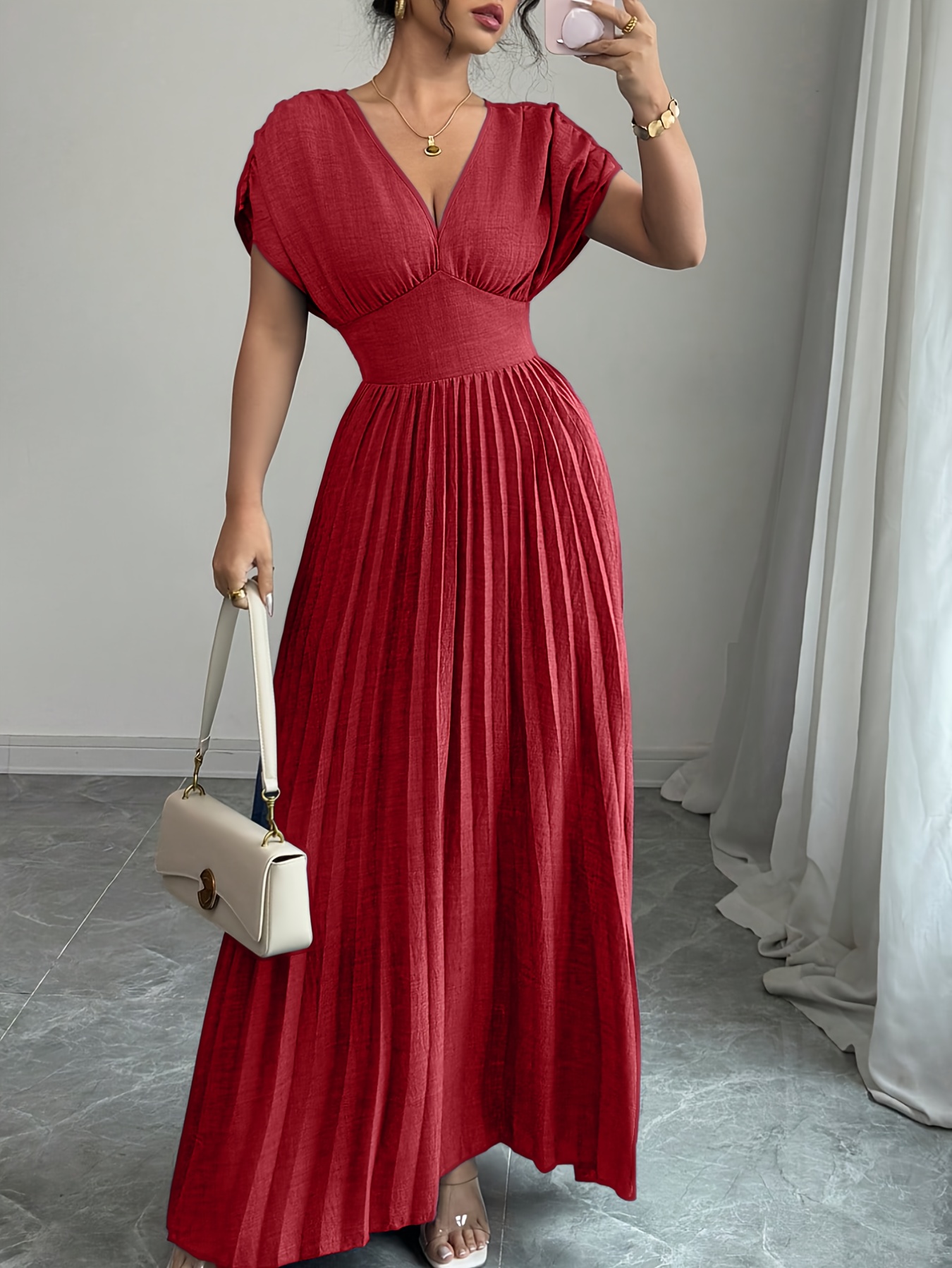 elegante rode maxi jurk met v hals en gerimpelde Temu Netherlands