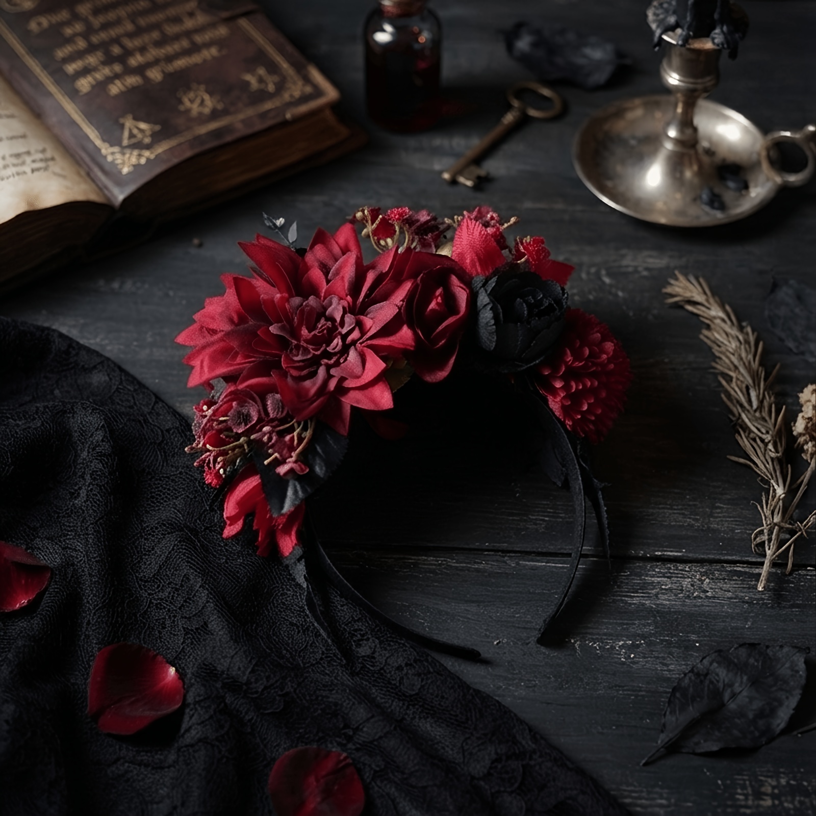 TEMU Gothic Style Burgundy Black Rose Large Lily Headband Retro Dark Style Floral Crown Halloween Bride Photoshoot Headpiece Lolita Floral Ornament