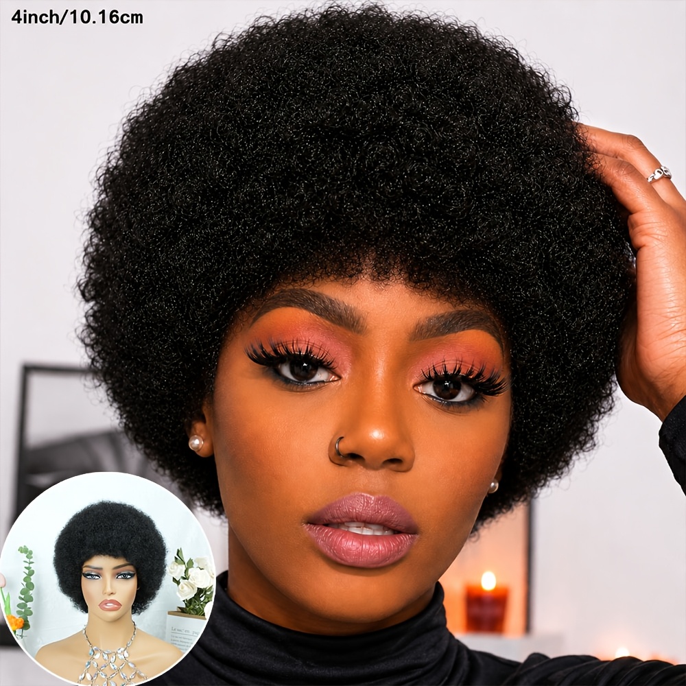 Image of 6 Inch Natural Black Curly Wig, Real Human Hair Wig, Cap 200% Density, Bouncy Full Curls, Anti- , Ideal For Dating, Shopping And Fashion Styling