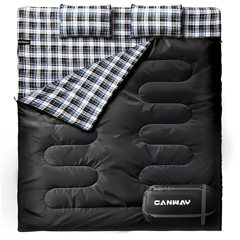 

Luxurious Flannel Double Sleeping Bag, Xxl Queen Size With 2 Pillows, Insulated For Cold Weather Camping Adventures, Durable