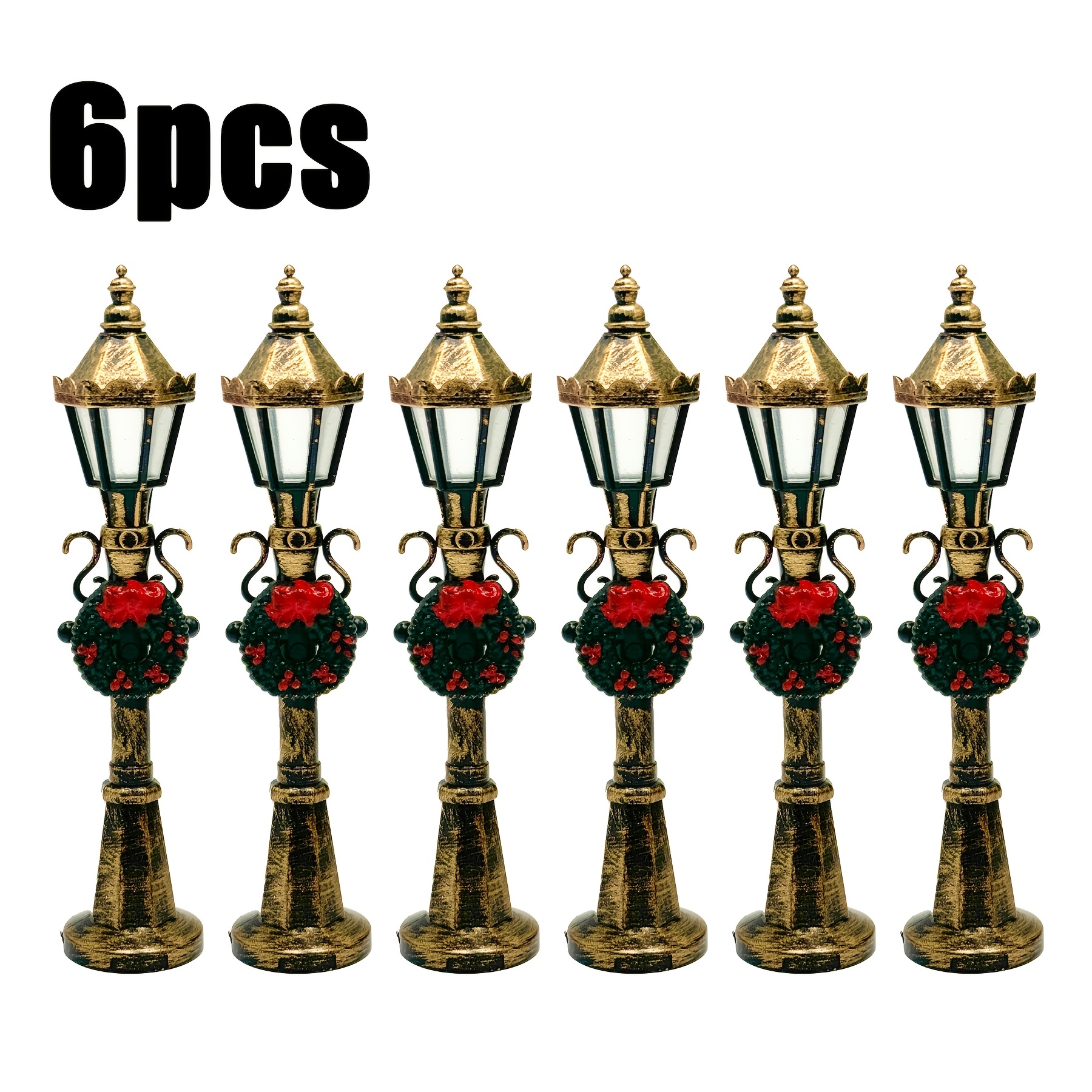 Image of /6/12pcs Set: Medium Vintage Golden Holiday Street Lamp With Holiday Wreath, Decorative Seasonal Collectible Figurine. No Electricity Required. Holiday Decorative Additions, Home Decorations