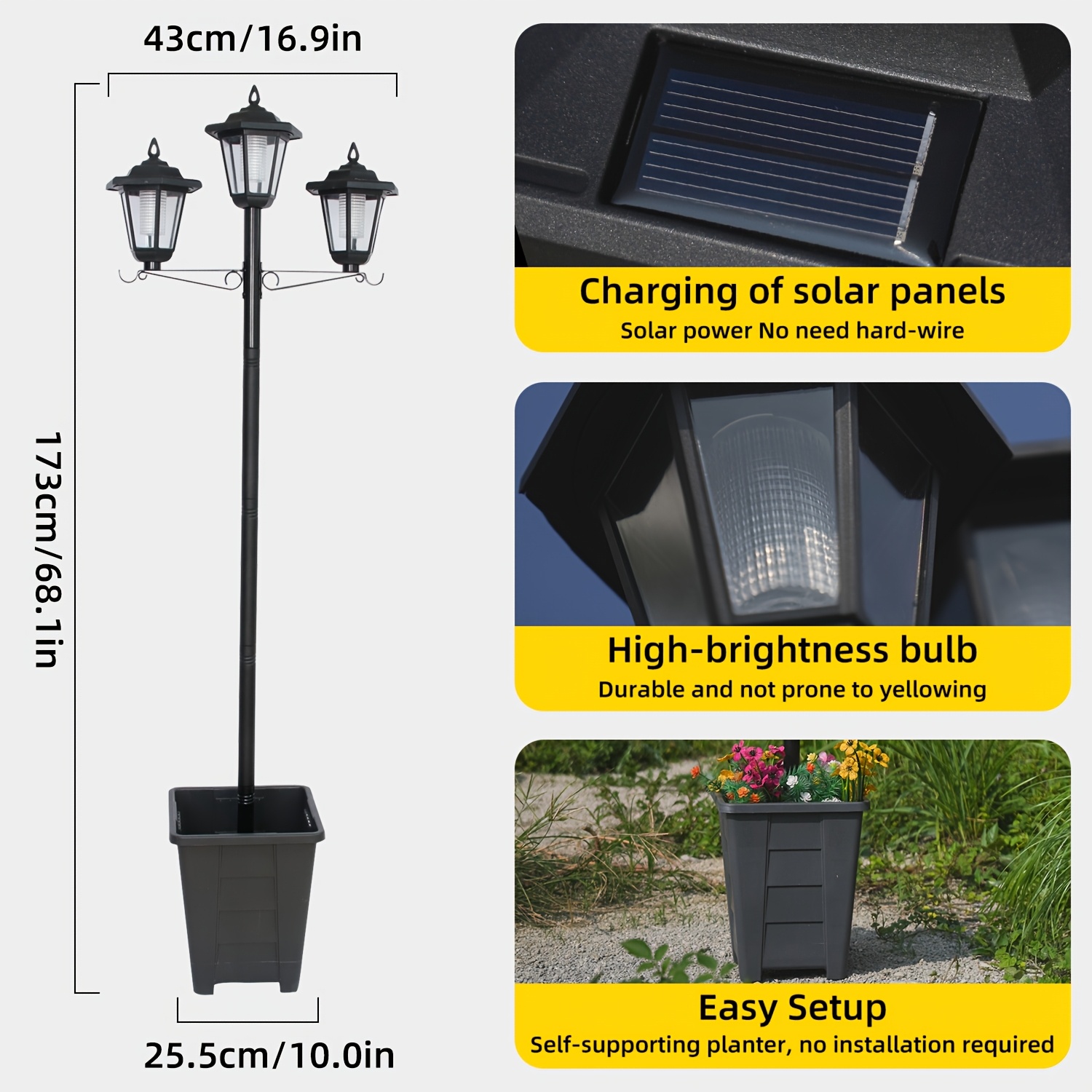 Image of Outdoor Lamp Post Light 3-head, With Clear Glass Panels, (3 Led Bulbs Included), Ip44 Street Light For Backyard, Garden, Driveway