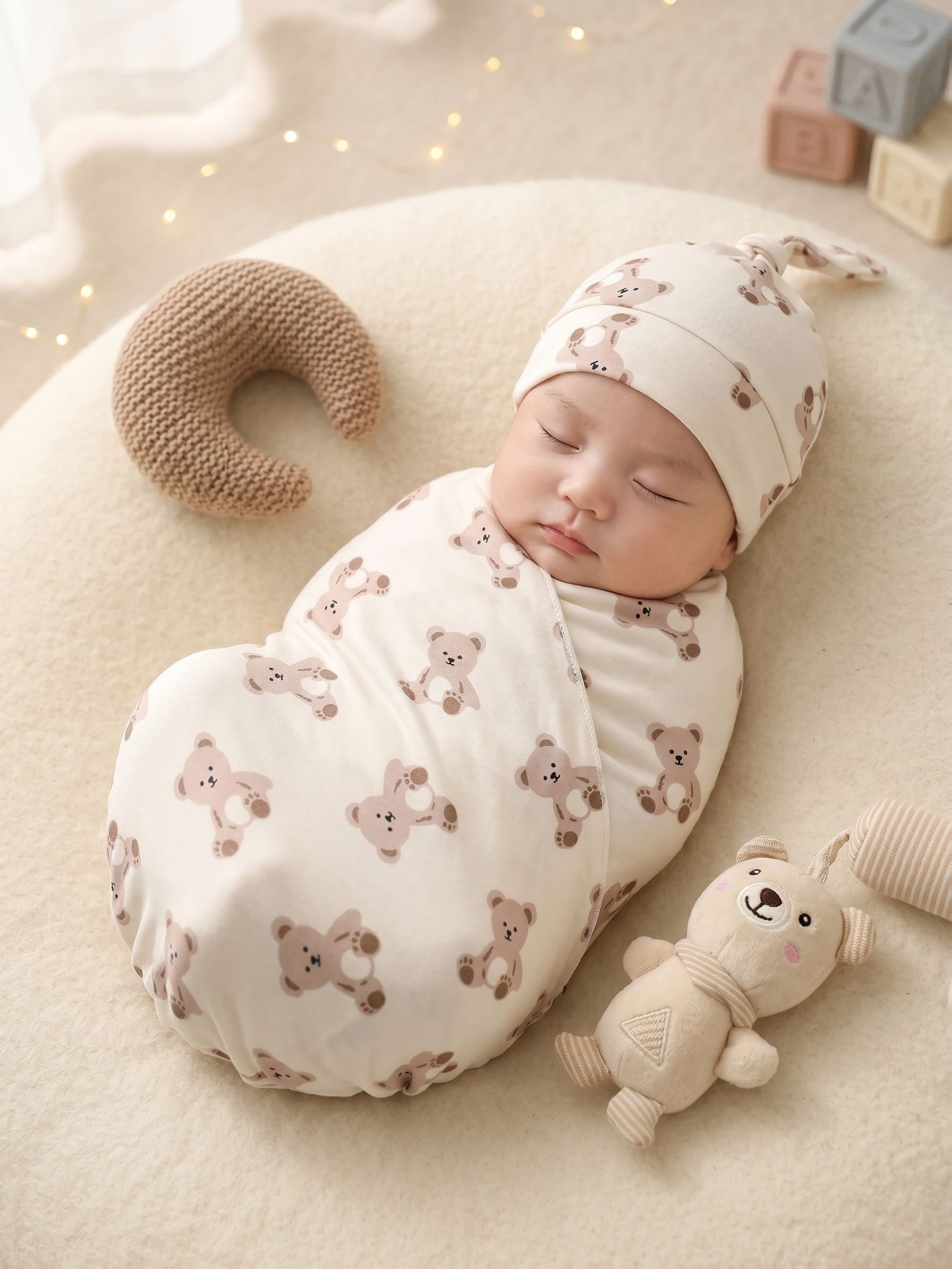 Baby Boy 2pcs Set, Cute Bear Print Swaddle and Cap
