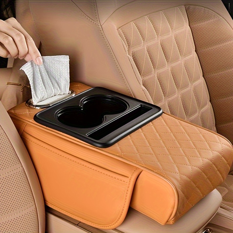 Leather Center Console Cover With Cup Holder,Booster Arm Rest Cover For Car Middle Console Cover For Protecting Car Armrest Box,Universal Car Accessories Interior Car Armrest Cover (Diamond Pattern